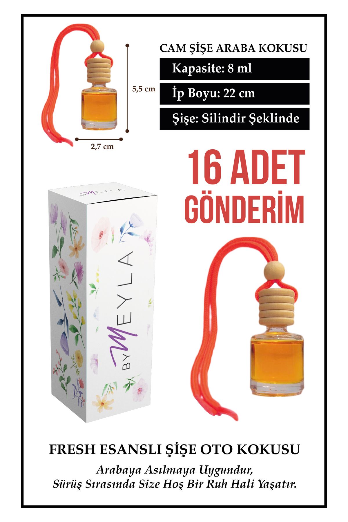 Meröka 16 Adet Fresh Esans Aromalı Cam Şişeli Oto Kokusu ve Dikiz Aynası Aksesuarı