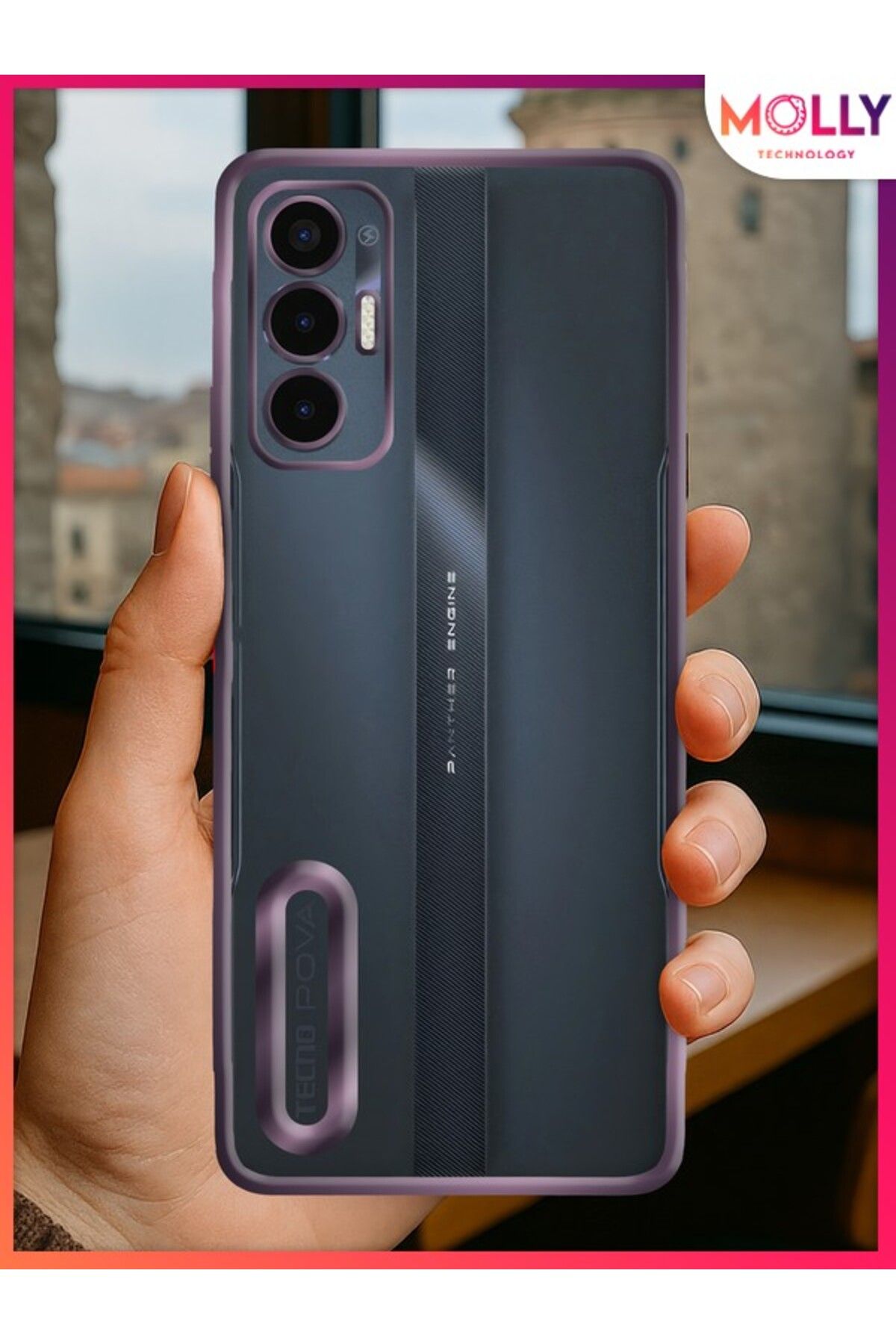 Molly Tecno POVA 3 Için Kenarları Derin Mor Lens Koruyuculu Lou Lazer Şeffaf Silikon Kılıf
