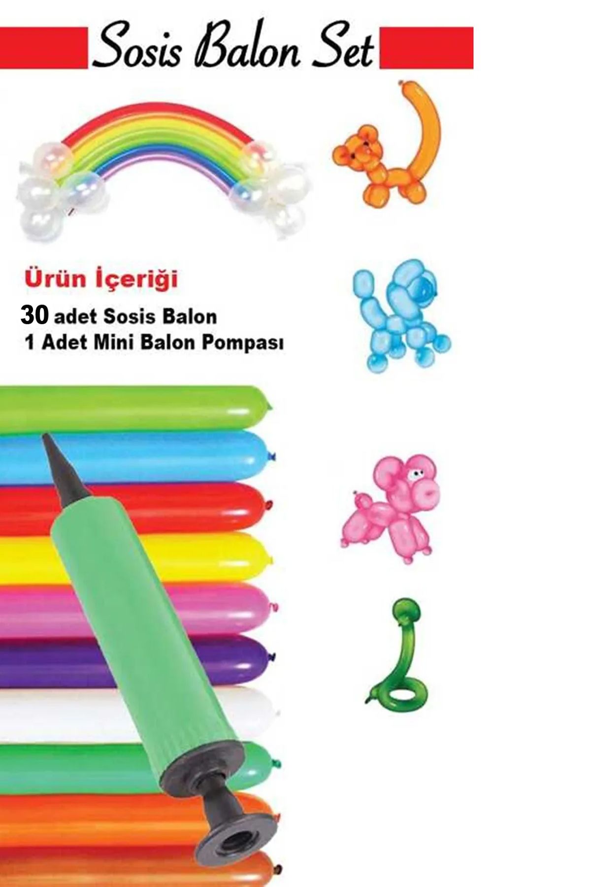 ferah feza 30 Sosis Balon ve 1 Adet Mini Balon Pompası | Karışık Renk Sosis Balonu 30'lu Set Parti, Doğum Günü