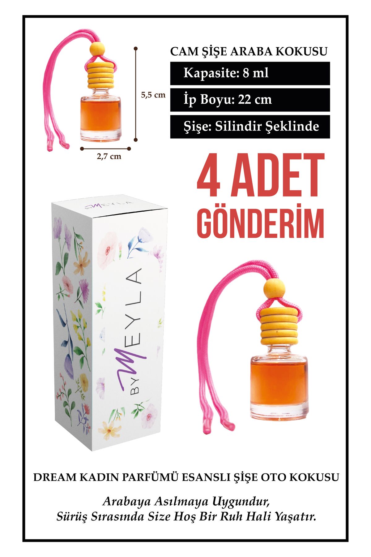 Meröka 4 Adet Kadın Parfümü Aromalı Cam Şişeli Oto Kokusu ve Dikiz Aynası Aksesuarı