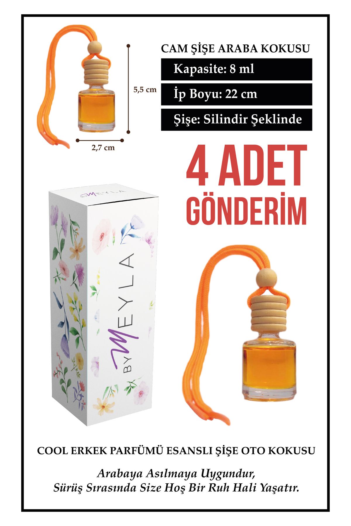Meröka 4 Adet Erkek Parfümü Esans Aromalı Cam Şişeli Oto Kokusu ve Dikiz Aynası Aksesuarı