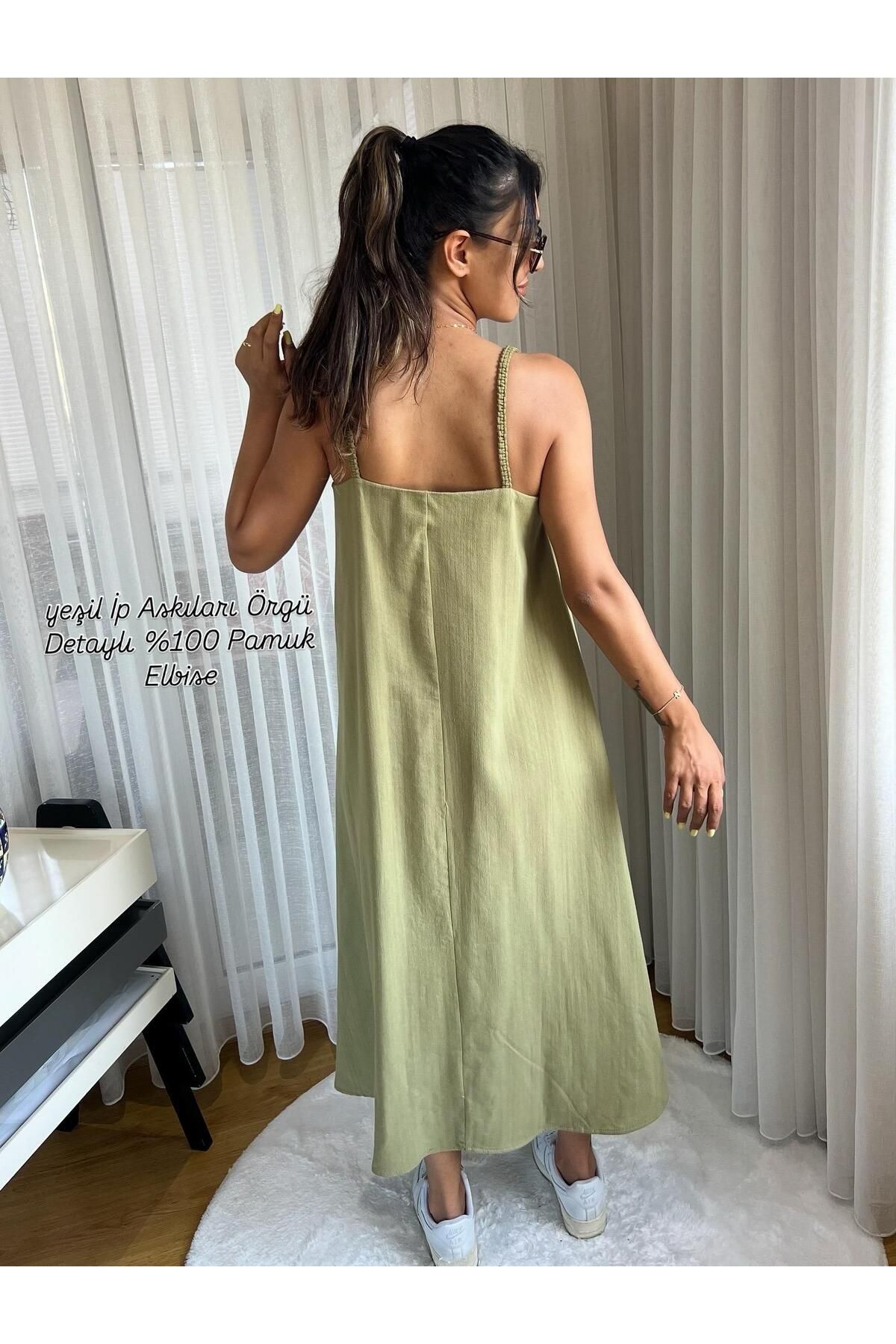 Girls House %100 Pamuklu Oversıze Haki Yeşil İp Askılı Midi Boy Elbise
