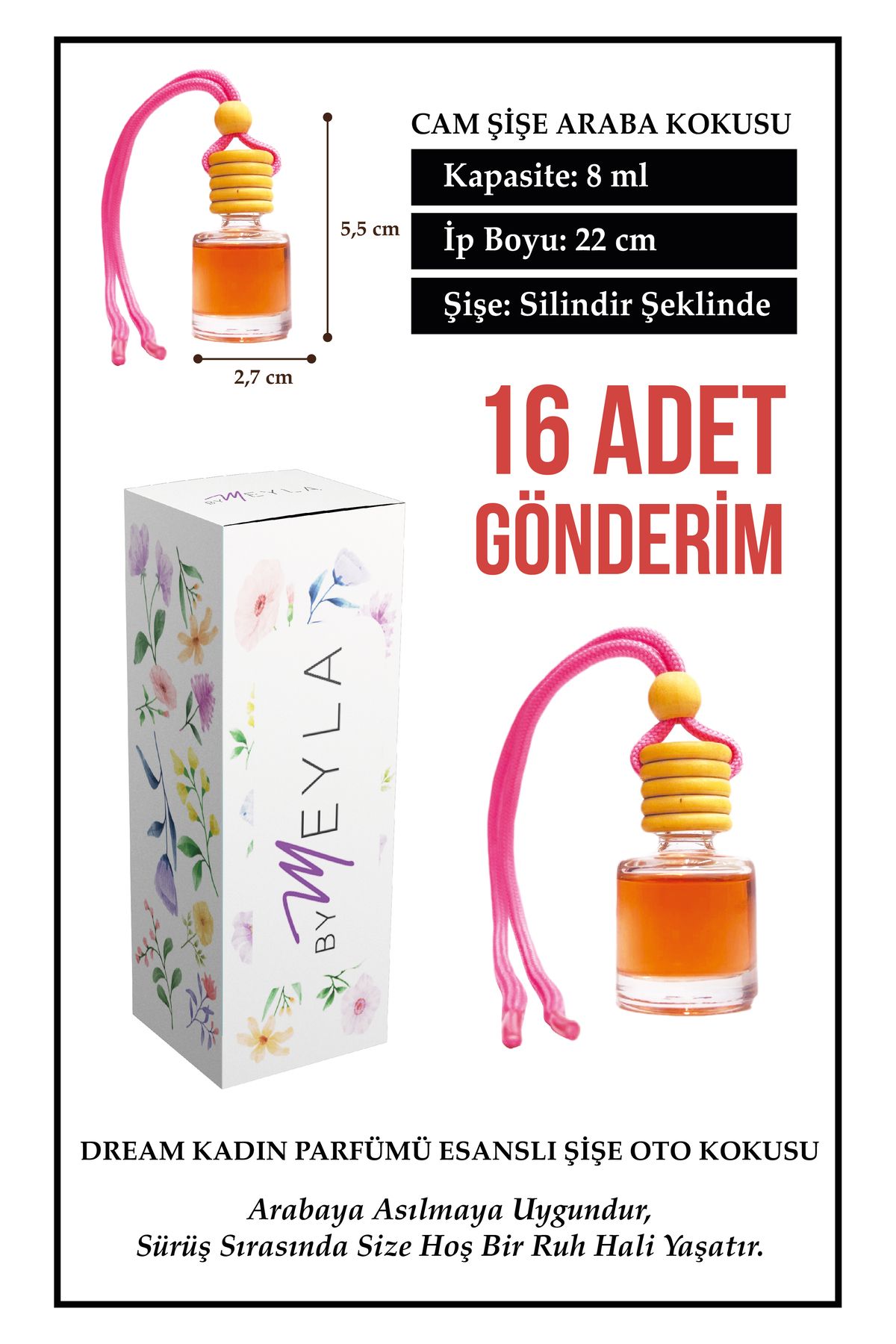 Meröka 16 Adet Kadın Parfümü Esans Aromalı Cam Şişeli Oto Kokusu ve Dikiz Aynası Aksesuarı