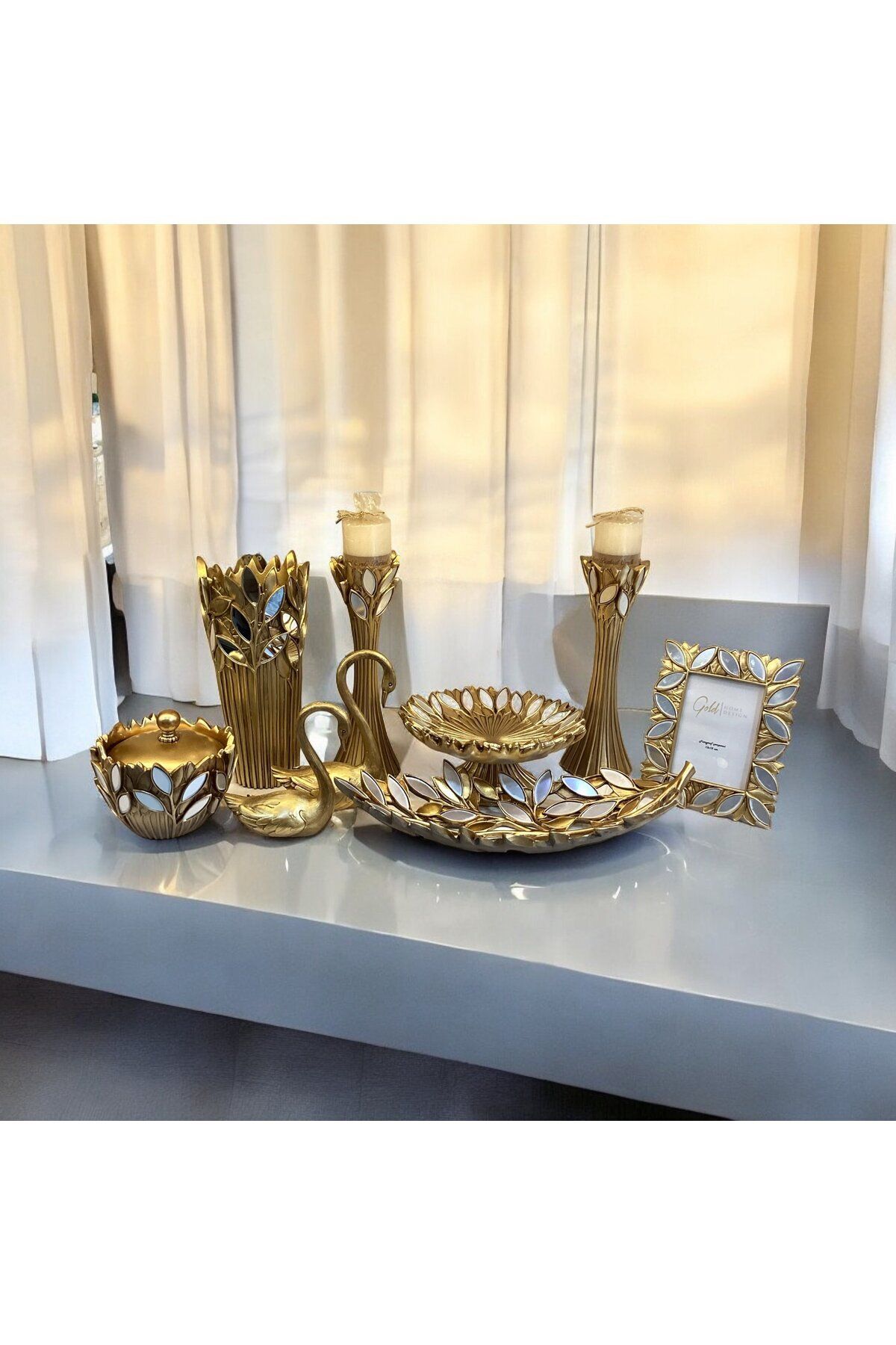 Saatistan 9 Parça Aynalı Konsol Takımı, Modern Gold Renkli Salon Aksesuarları