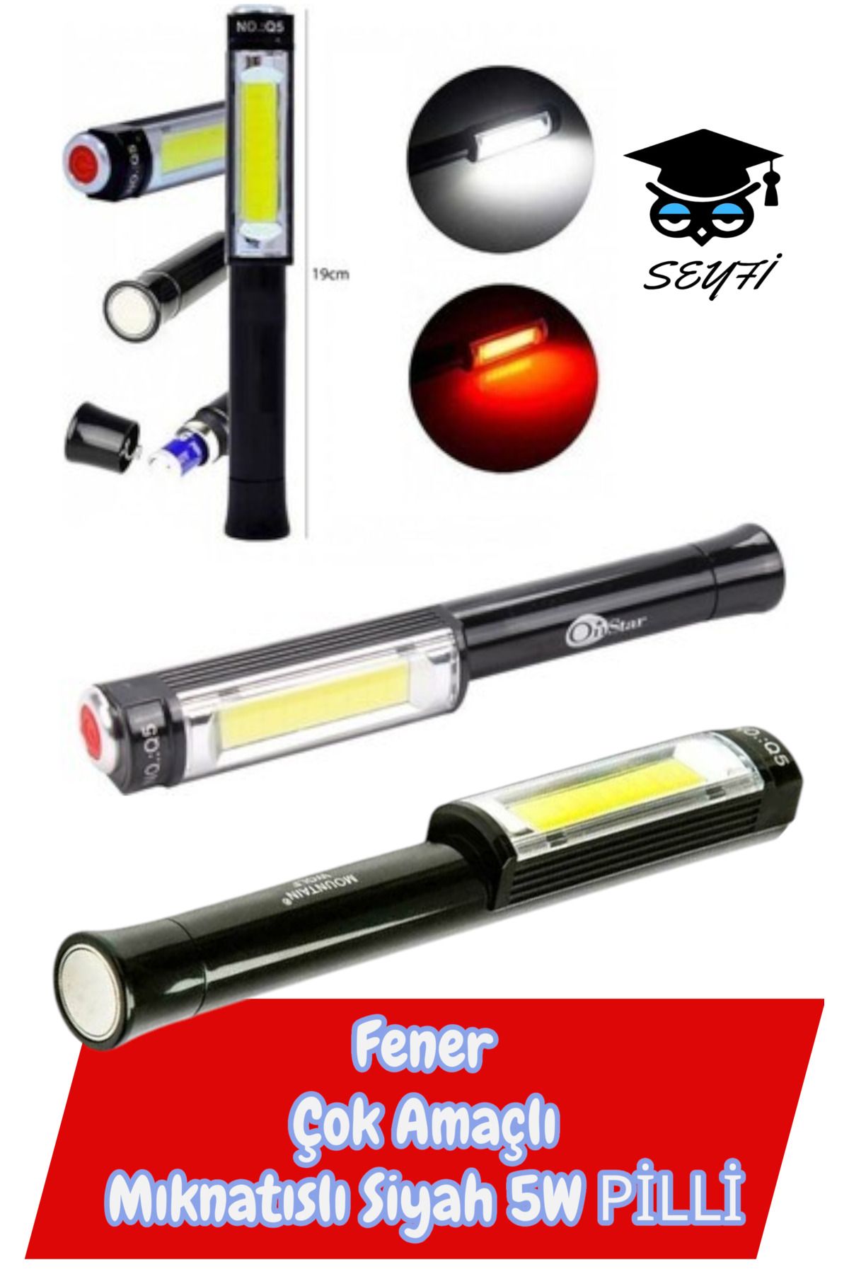 SEYFİKİRTASİYE El Feneri Çok Amaçlı Mıknatıslı Siyah 5W PİLLİ 19 CM