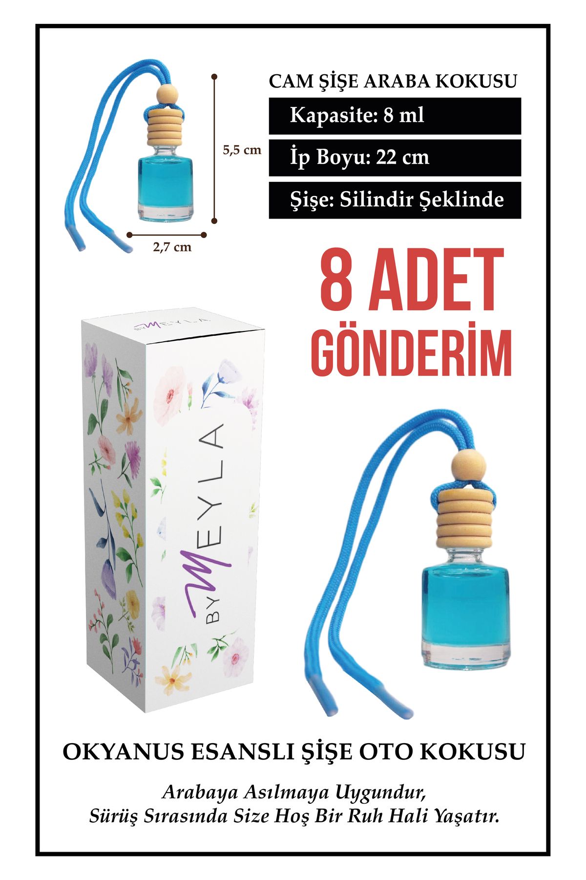 Meröka 8 Adet Okyanus Esans Aromalı Cam Şişeli Oto Kokusu ve Dikiz Aynası Aksesuarı