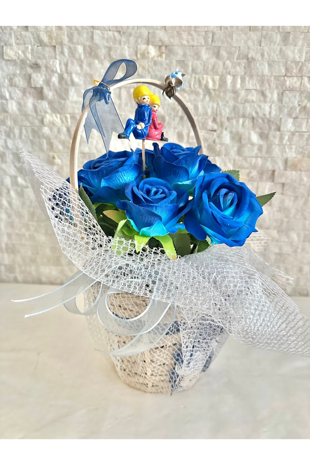 Luvi Handmade Kadife🌹Aşırı Doğal Mavi Gül Sepeti Kalıcı(Yapay)