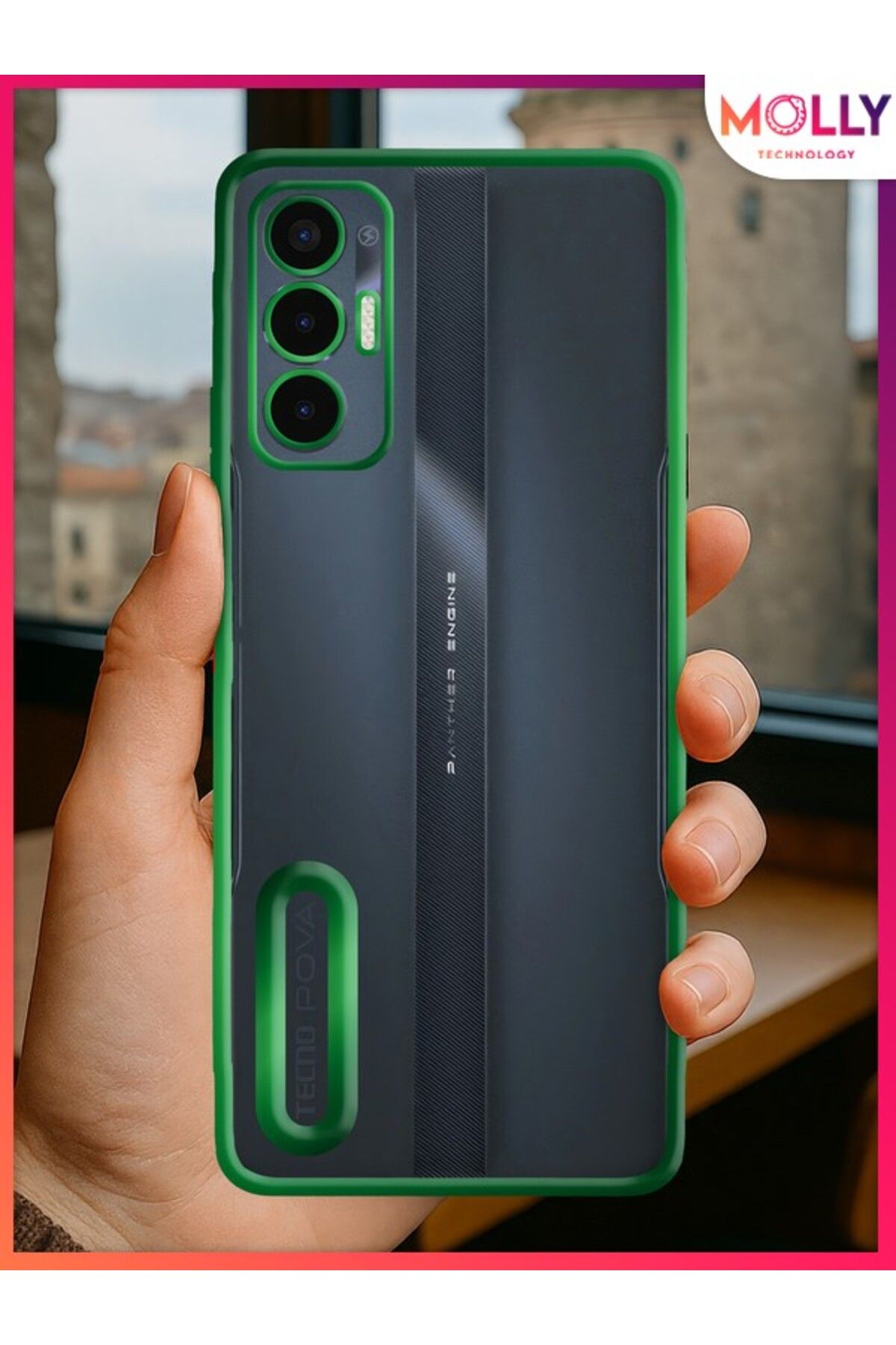 Molly Tecno POVA 3 Için Kenarları Zehir Yeşili Lens Koruyuculu Lou Lazer Şeffaf Silikon Kılıf