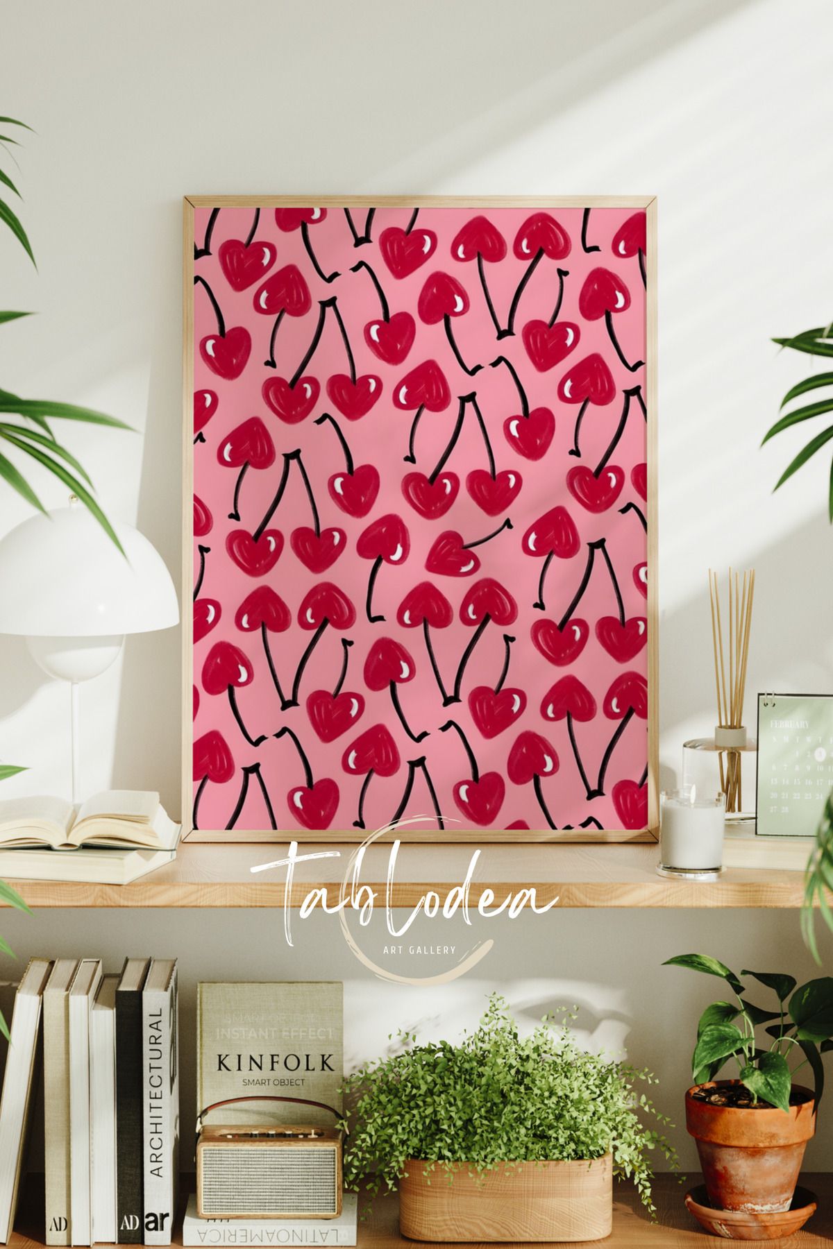 tablodea Minimalist Kirazlı Kalp Desenli Çerçeveli Poster Tablo, Modern Dekoratif Pinterest Duvar Tablosu