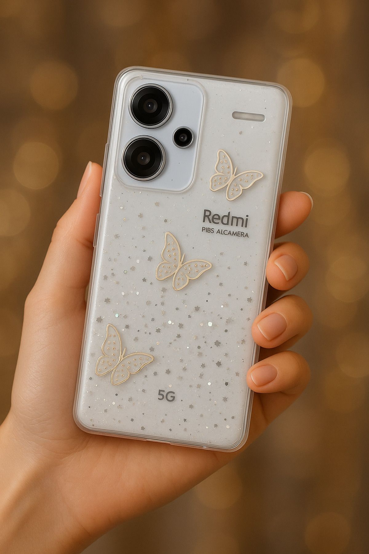 Rivor Xiaomi Redmi Note 13 Pro Plus+ Kılıf Kamera Çıkıntılı Simli Kelebek Kabartmalı Desenli İnce Kapak