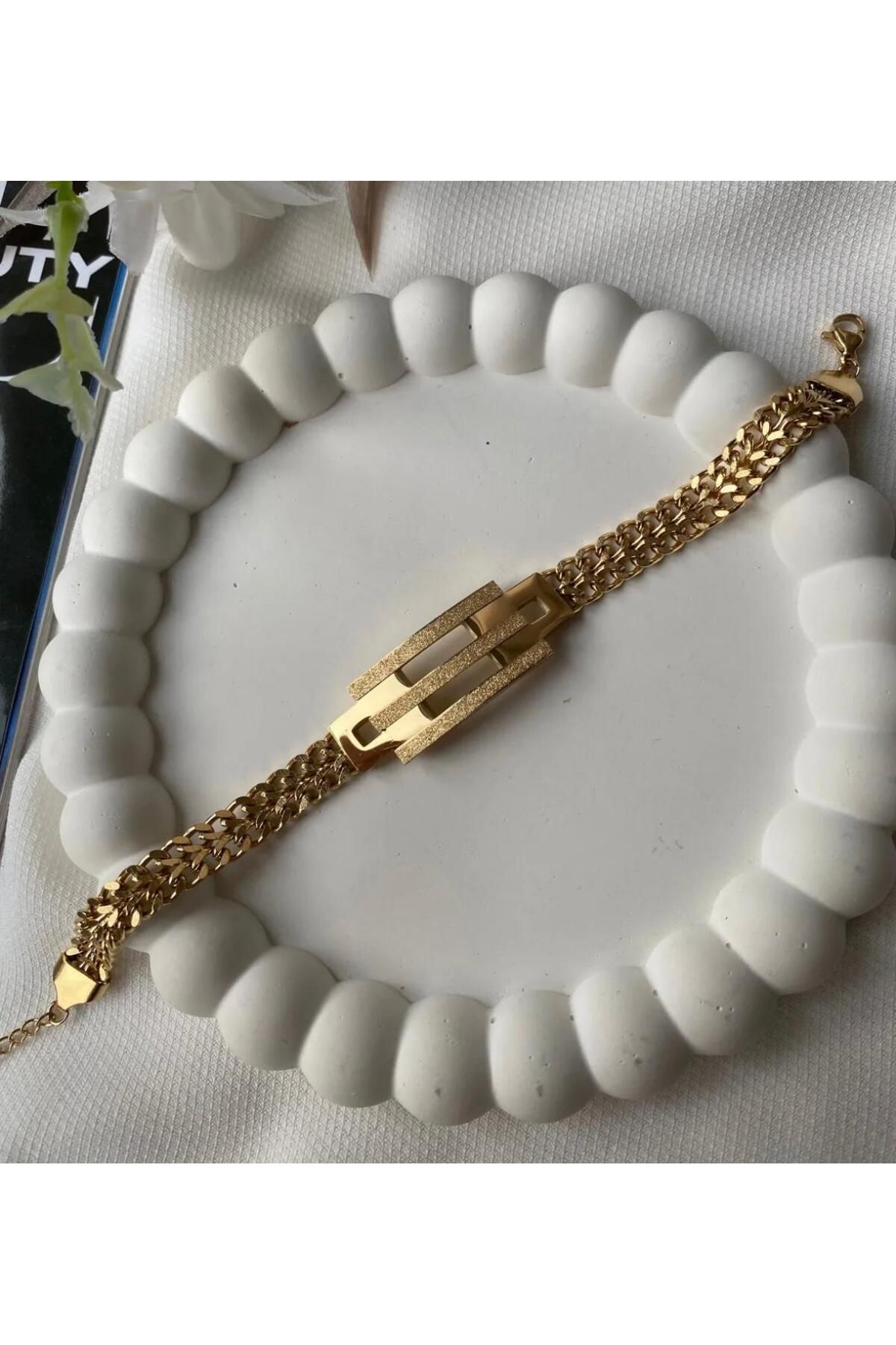 LİSBOND ELEGANCE Lisbond Elegance Çelik bileklik kadın kaburga model kumlu sık zincir bileklik gold