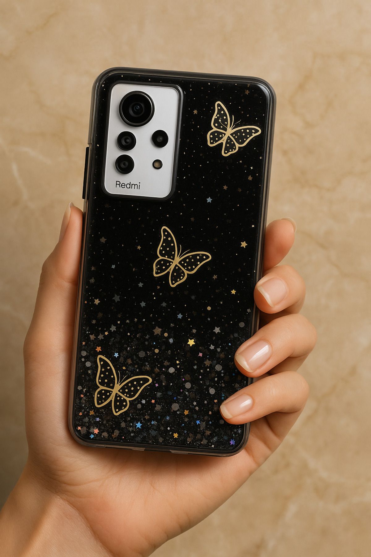 Rivor Redmi Note 11 Pro & Note 12 Pro 4G Kılıf Kamera Çıkıntılı Simli Kelebek Kabartmalı İnce Kapak