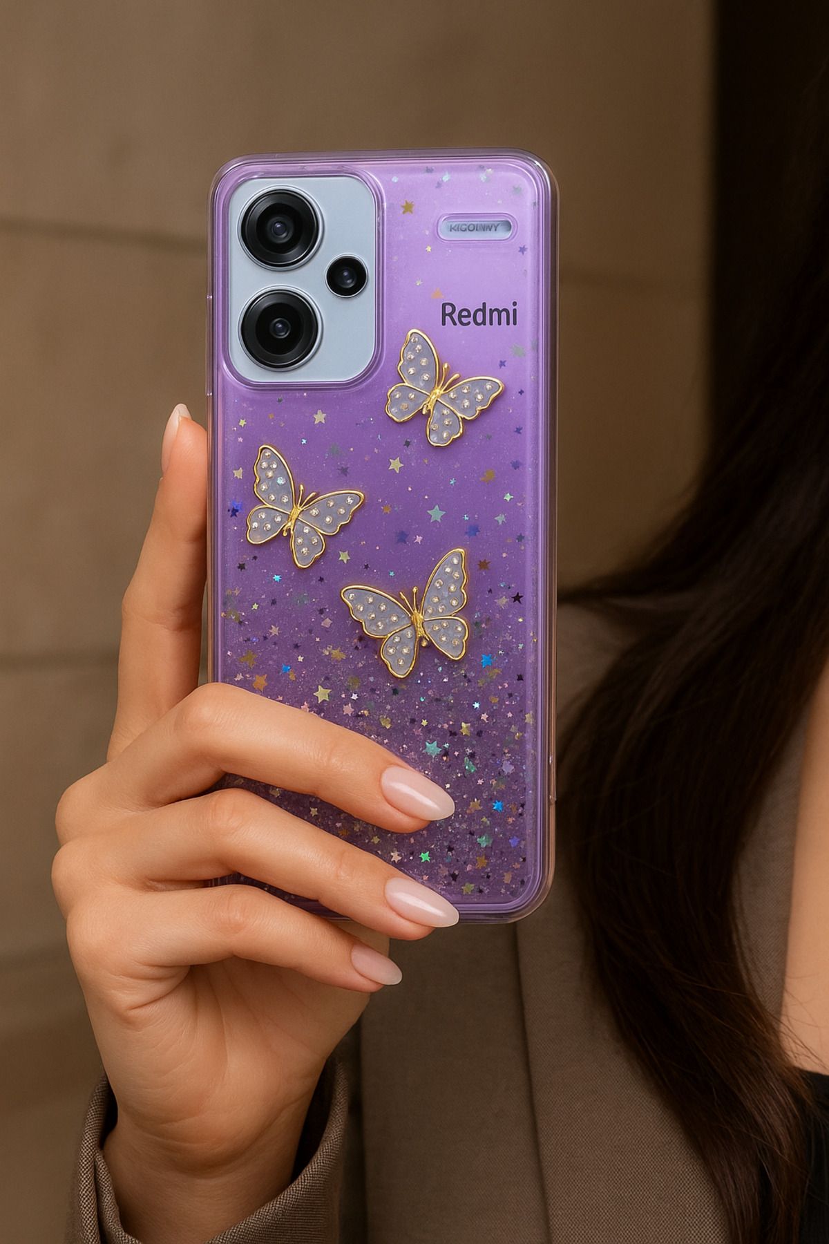 Rivor Xiaomi Redmi Note 13 Pro Plus+ Kılıf Kamera Çıkıntılı Simli Kelebek Kabartmalı Desenli İnce Kapak