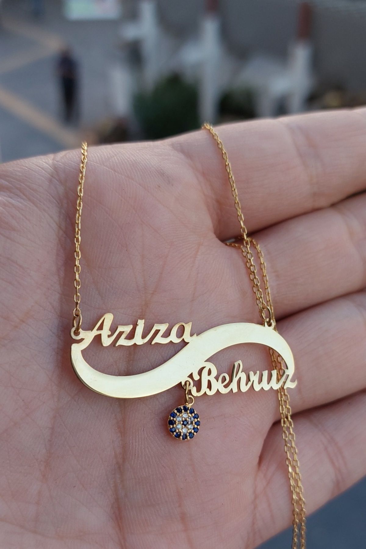 ÖZGÜR TAKI 925 Ayar Gümüş 24 Ayar Altın Kaplama Nazar Boncuklu Sonsuzluk Kolye