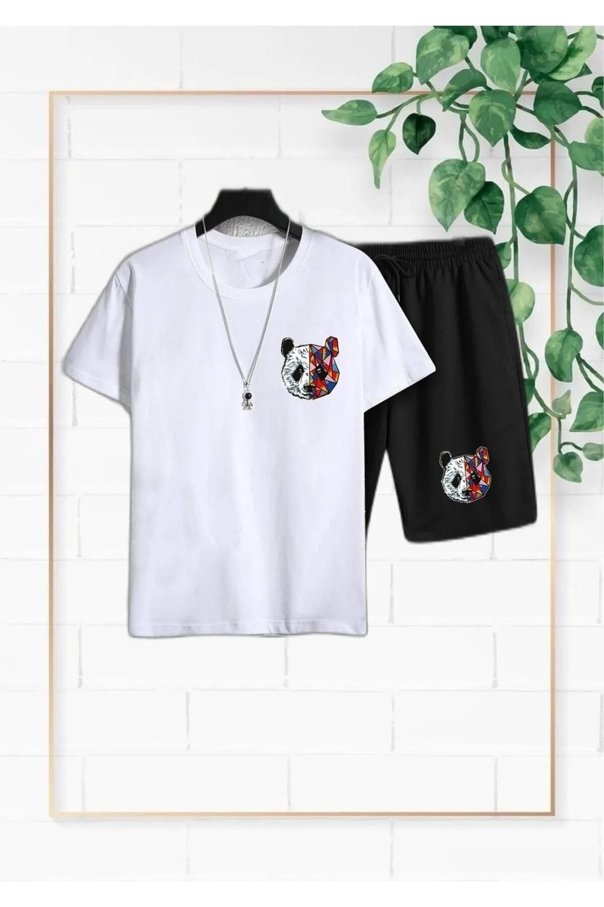 Trendglow Panda Beyaz T-shirt Siyah Penye Şort Alt Üst Takım Baskılı Oversize Bisiklet Yaka