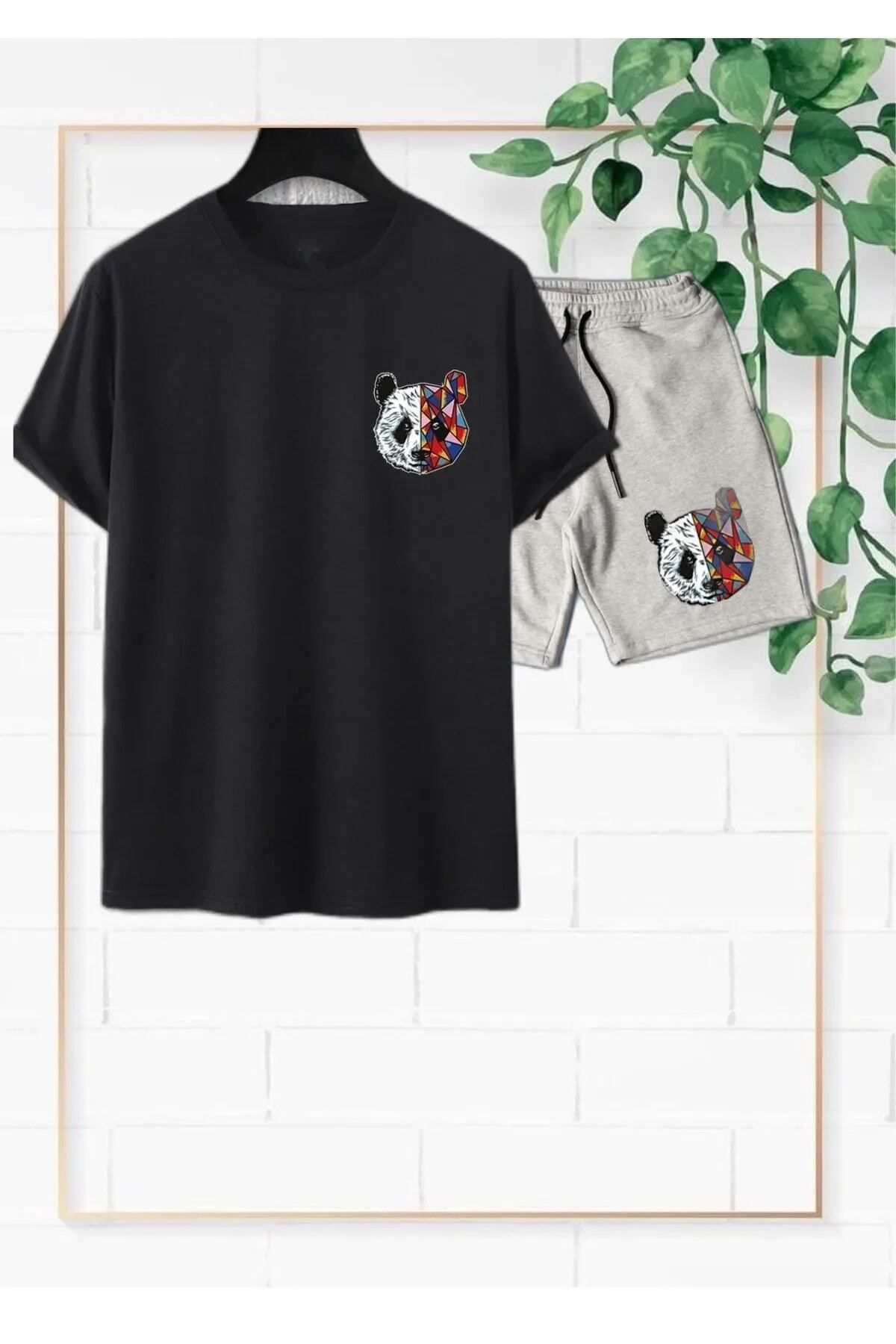 Trendglow Panda Siyah T-shirt Gri Penye Şort - Şort Tişört Alt Üst Takım Baskılı Oversize Bisiklet Yaka