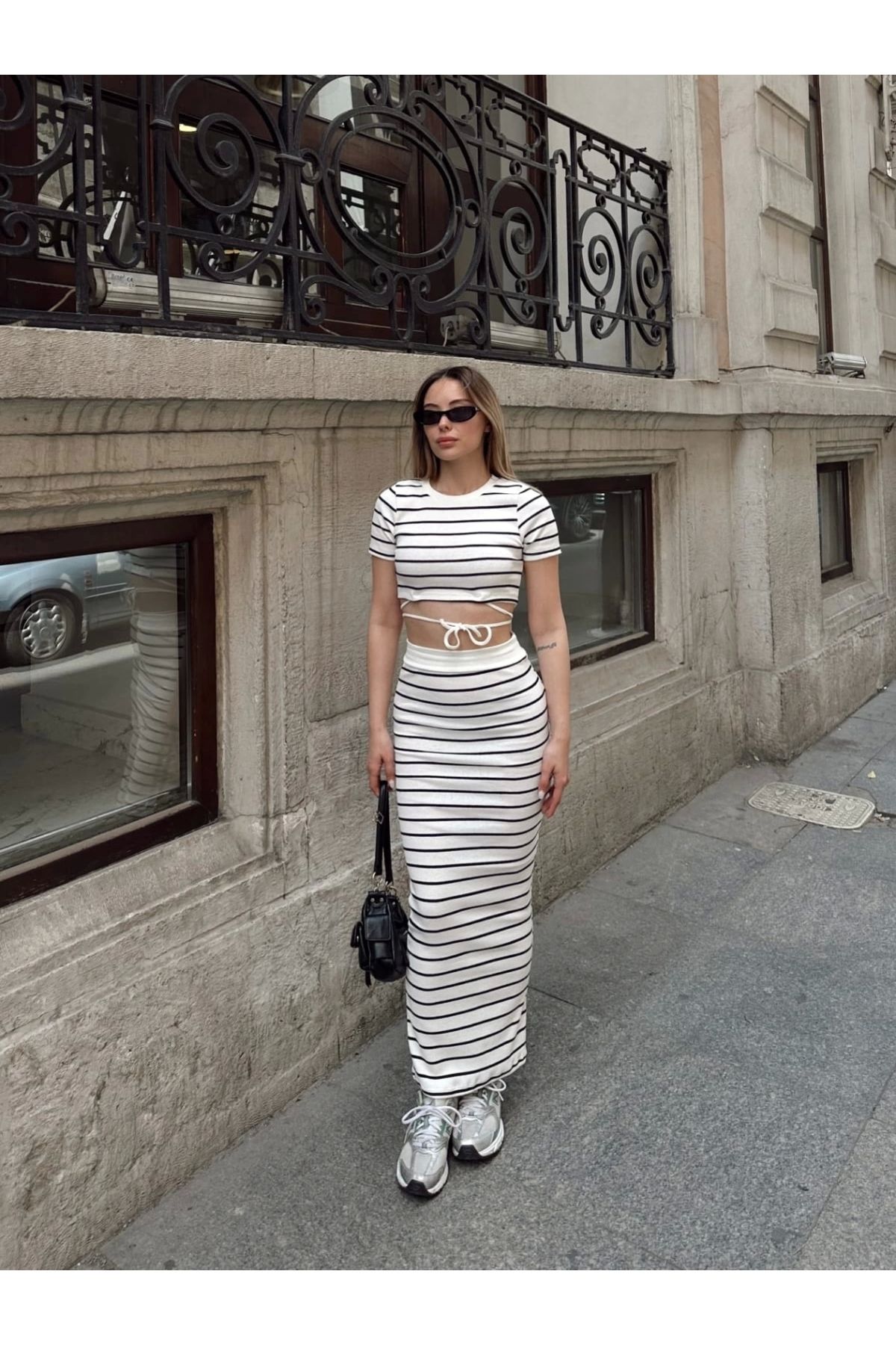 ufukmoda Çizgili etekli takım beyaz s3609
