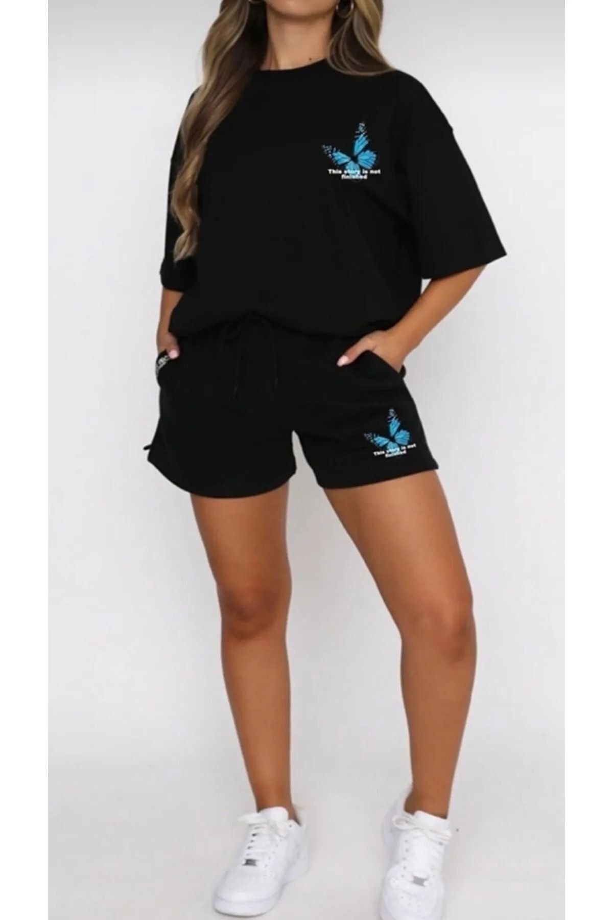 Mythologie Blue Butterfly Siyah T-shirt Penye Şort - Şort Tişört Alt Üst Takım Baskılı Oversize Bisiklet Yaka