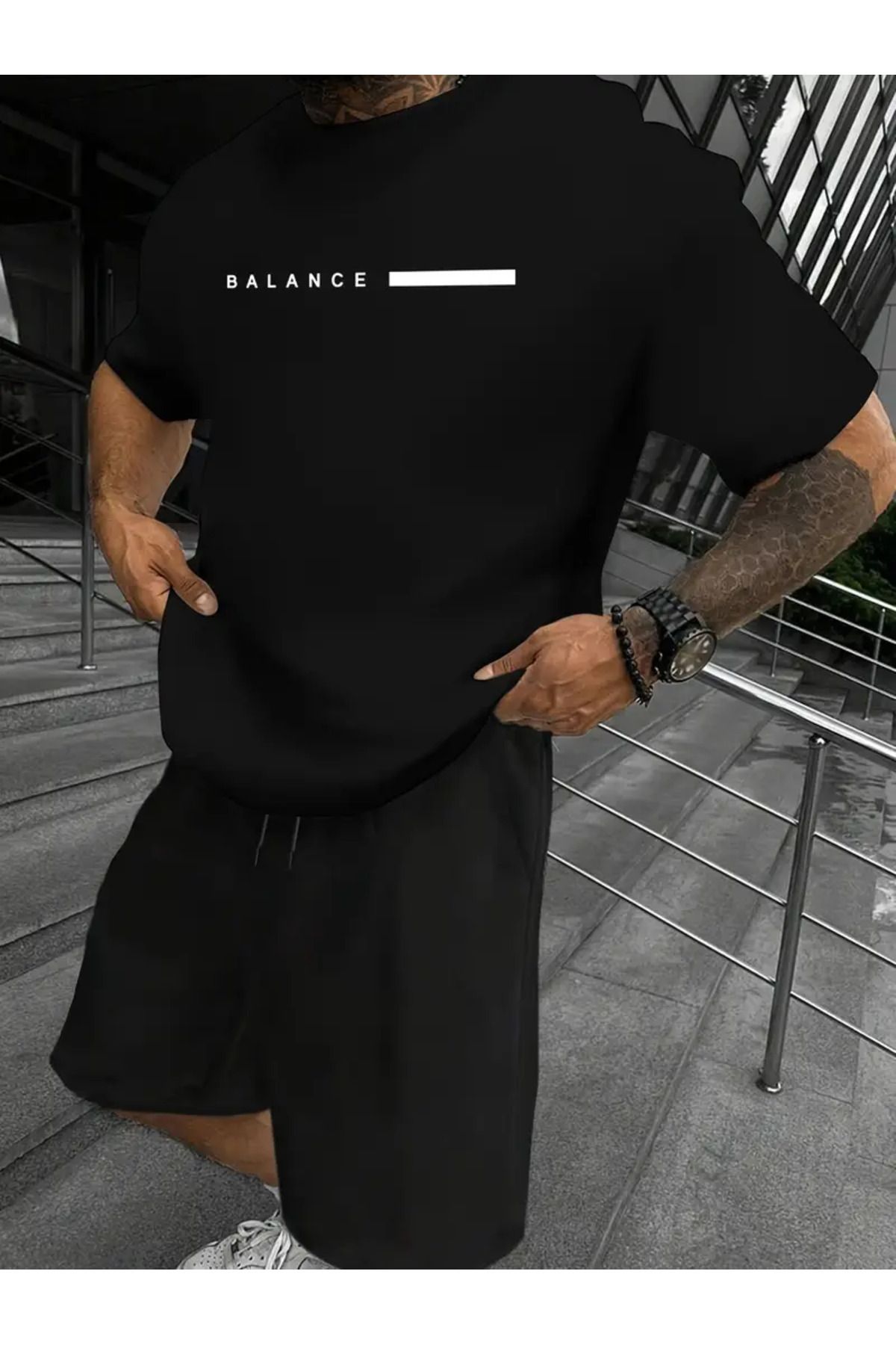 Mythologie Balance Şerit T-shirt Penye Şort - Siyah Şort Tişört Takım Baskılı Oversize Bisiklet Yaka