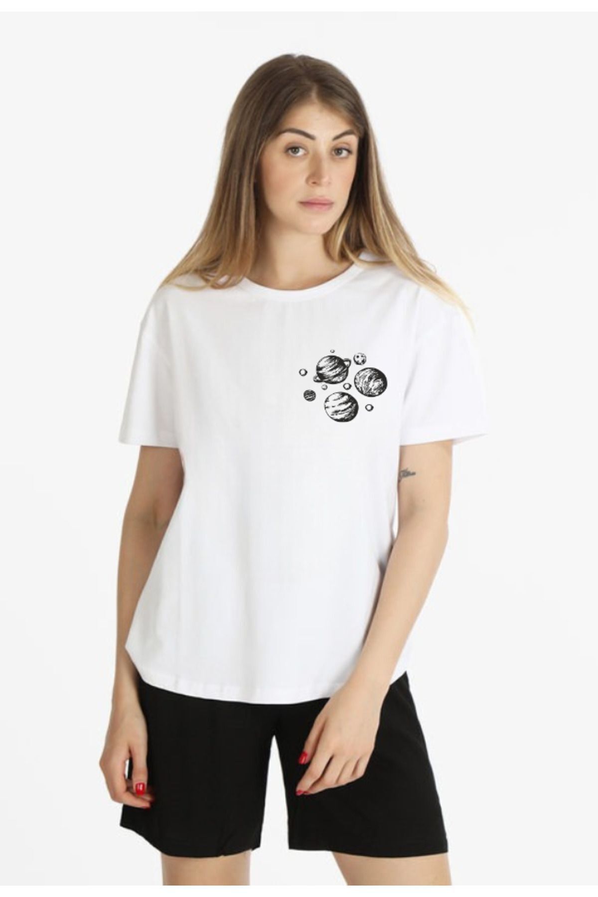 Mythologie Gezegenler T-shirt Penye Şort - Beyaz Siyah Şort Tişört Takım Baskılı Oversize Bisiklet Yaka