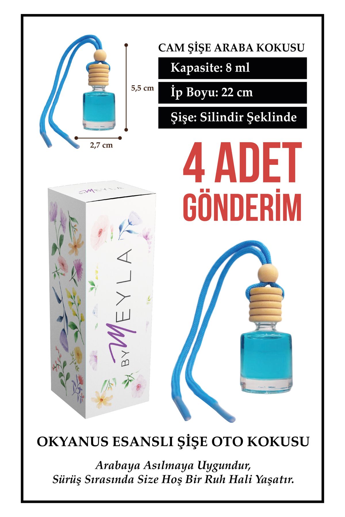 Meröka 4 Adet Okyanus Esans Aromalı Cam Şişeli Oto Kokusu ve Dikiz Aynası Aksesuarı