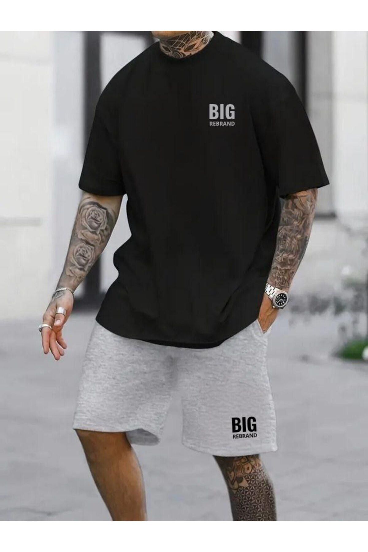 Mythologie Big Rebrand T-shirt Penye Şort - Siyah Gri Şort Tişört Takım Baskılı Oversize Bisiklet Yaka