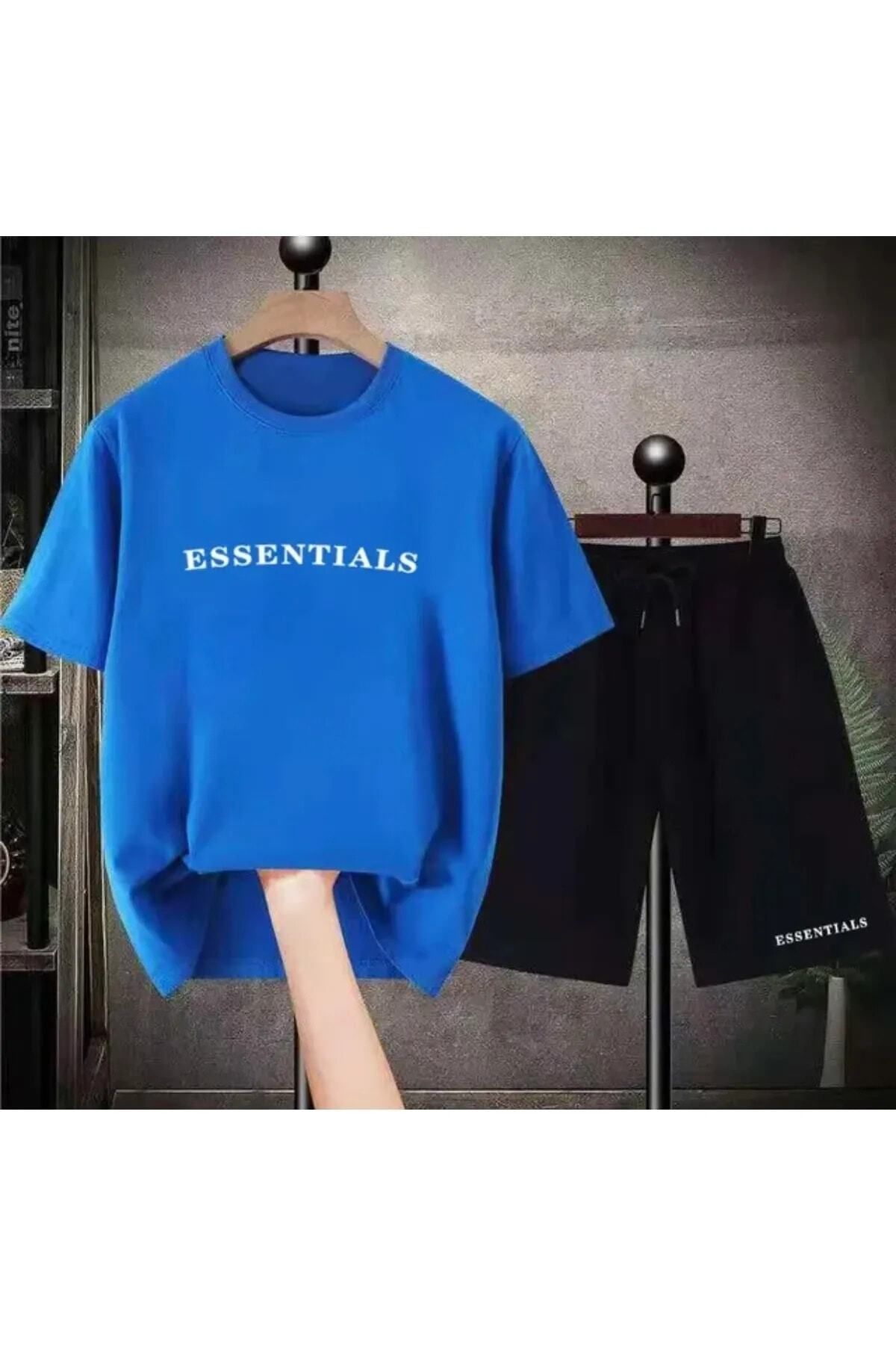 Trendglow Essentials Mavi T-shirt Siyah Penye Şort - Şort Tişört Alt Üst Takım Baskılı Oversize Bisiklet Yaka