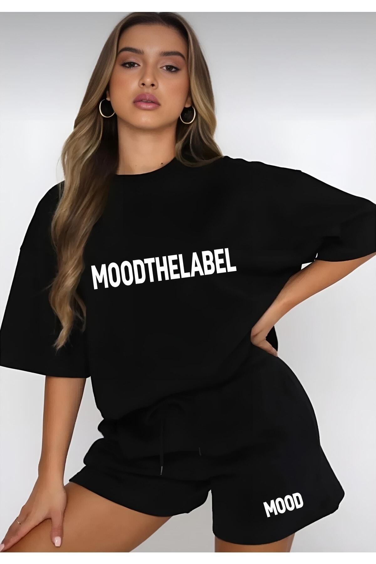 Mythologie Moodthelabel T-shirt Penye Şort - Siyah Şort Tişört Takım Baskılı Oversize Bisiklet Yaka