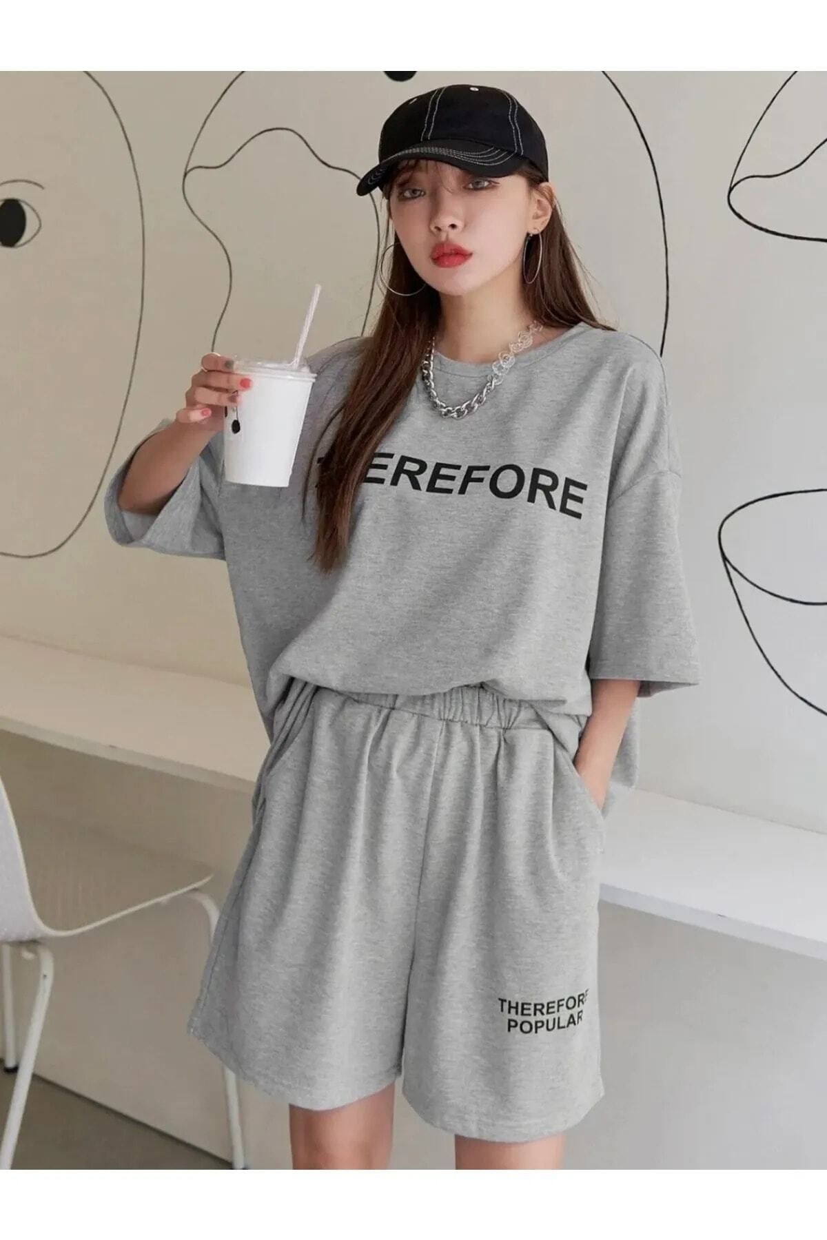 Trendglow Therefore T-shirt Penye Şort - Gri Alt Üst Takım Baskılı Oversize Bisiklet Yaka