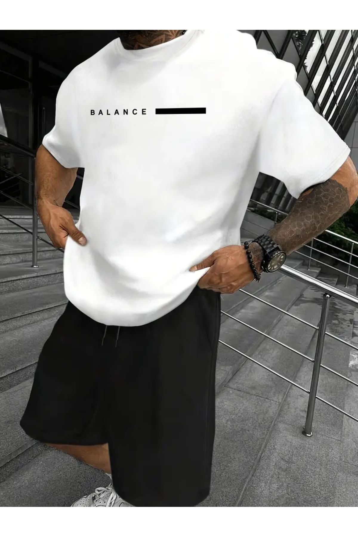 Mythologie Balance Şerit T-shirt Penye Şort - Beyaz Siyah Şort Tişört Takım Baskılı Oversize Bisiklet Yaka
