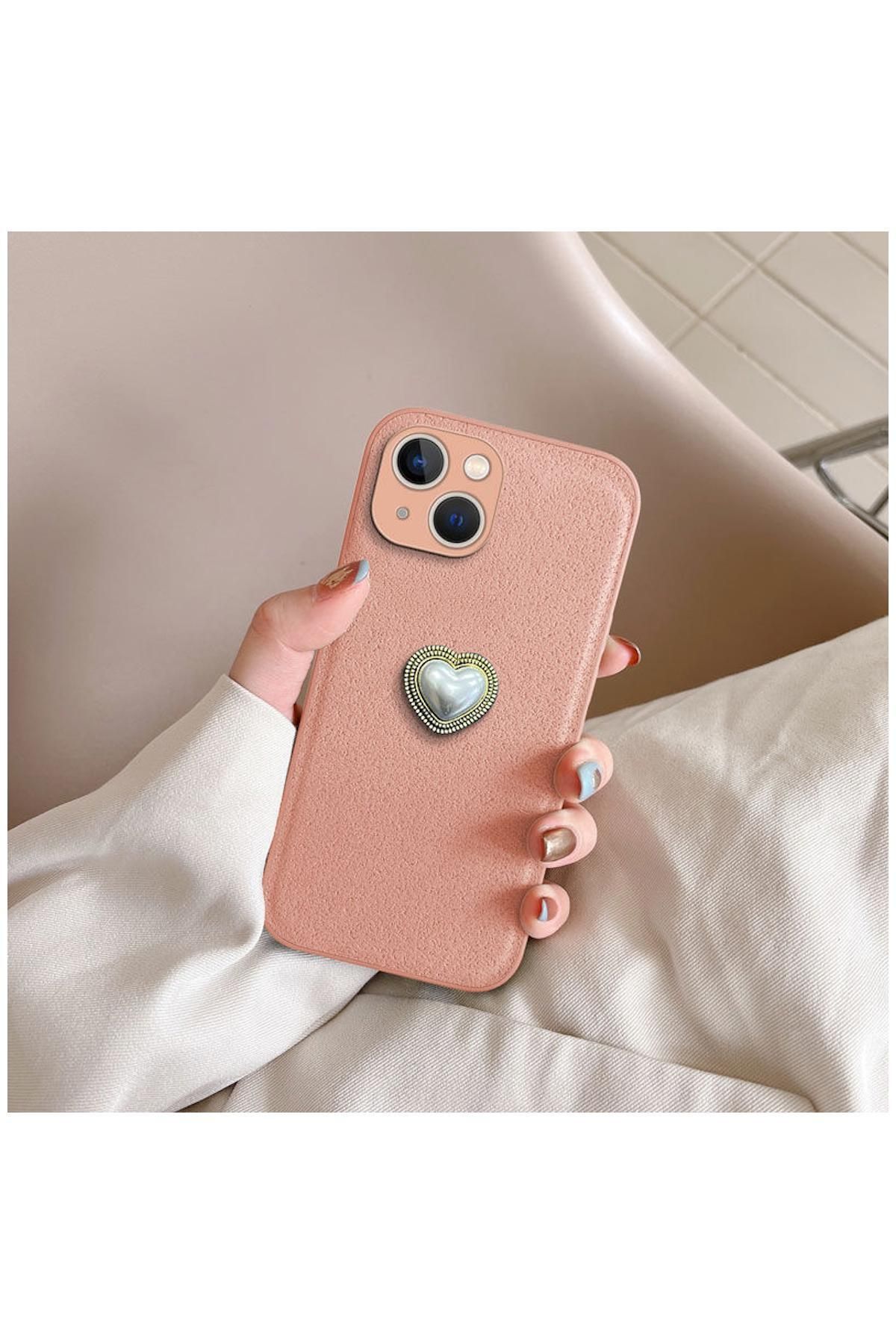 Pro Aksesuar Apple iPhone 13 Uyumlu Kılıf Kalpli Vel Silikon Kılıf Rose Gold