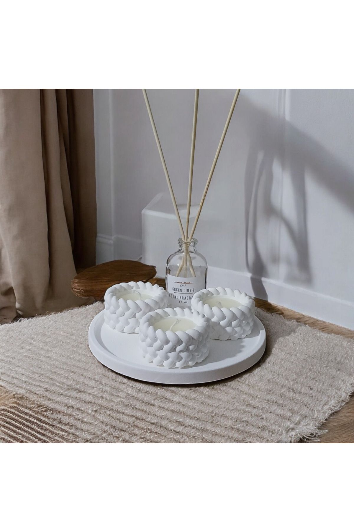 Saatistan Dekoratif Örgü Tealight Mum ve Bambu Çubuklu Limon Oda Kokusu Seti