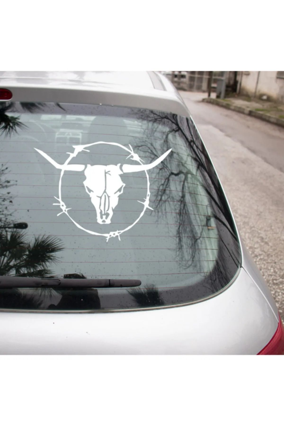 TSC Boynuzlu Boğa ve Dikenli Tel Etiket Araba oto Sticker Yapıştırma 20 cm Beyaz