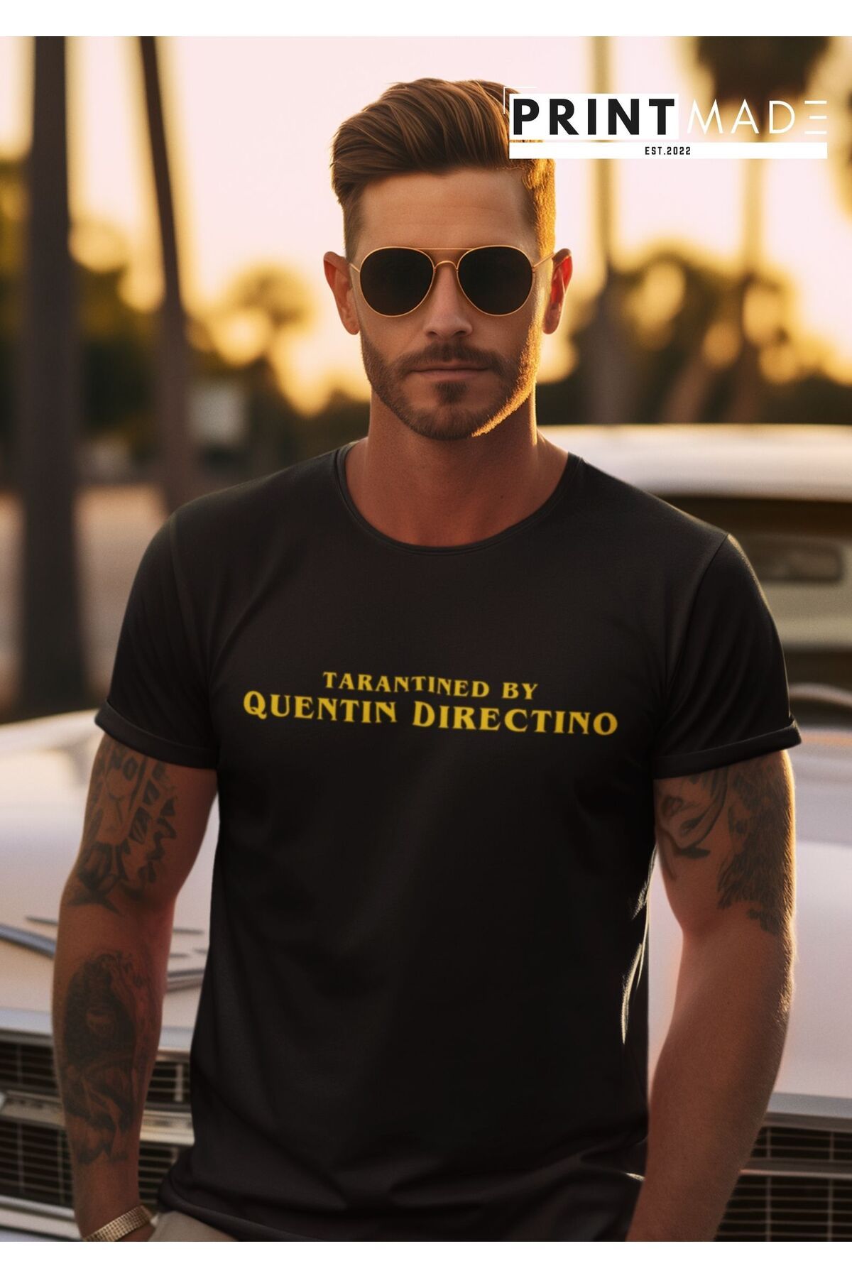 printtmade TARANTINED BY QUENTIN DIRECTINO Bisiklet Yaka Yüksek Kalite Baskılı Siyah T-Shirt
