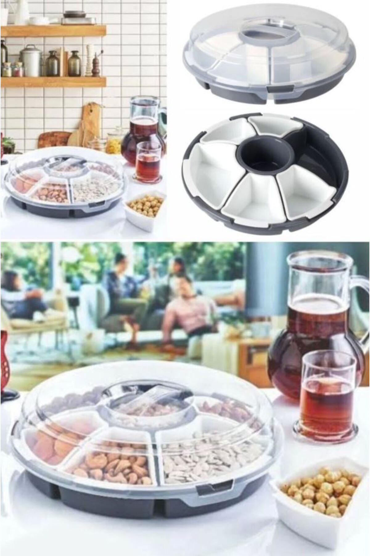 Şener collection Dönen Kapaklı 7 Bölmeli Kuruyemiş ve Atıştırmalık Sunum Tabağı – Şeffaf Kapaklı Organizer