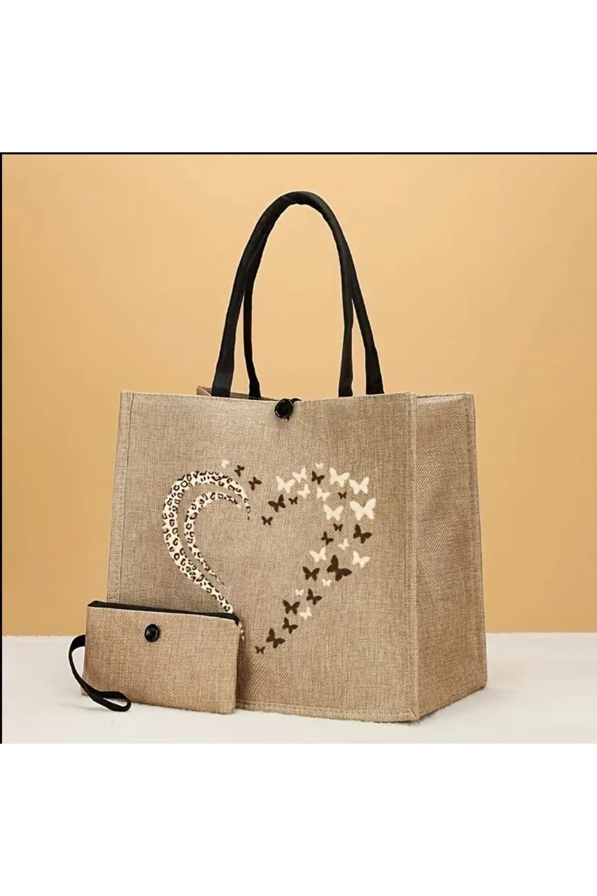 ORGANICYOU HAIKAU 2 ADET (ÇANTA + CÜZDAN SET) Moda Leopar Desenli Kalp Baskılı Büyük Alışveriş Çantası