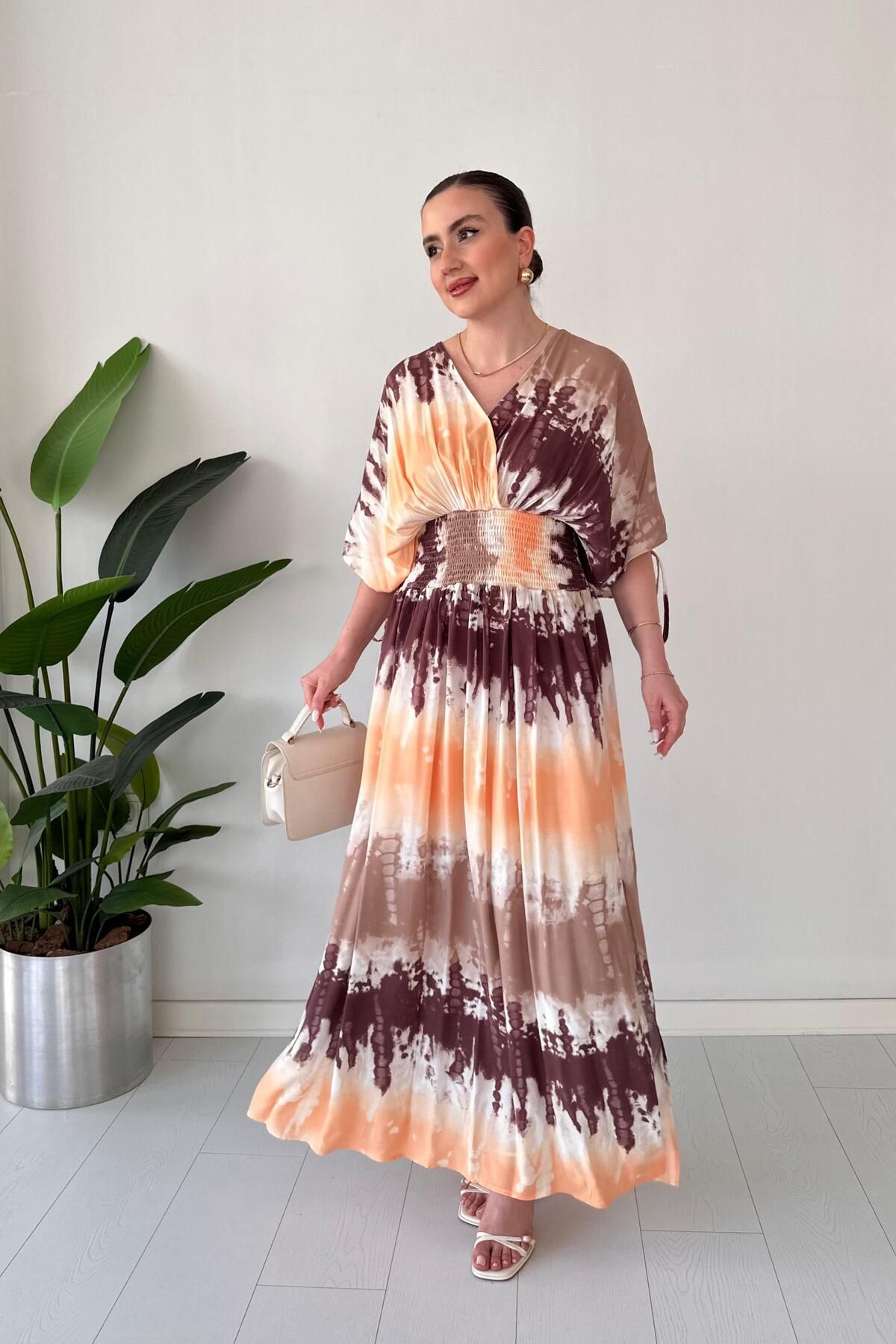 MaziButik Kalın Gipeli Batik Elbise Kahve