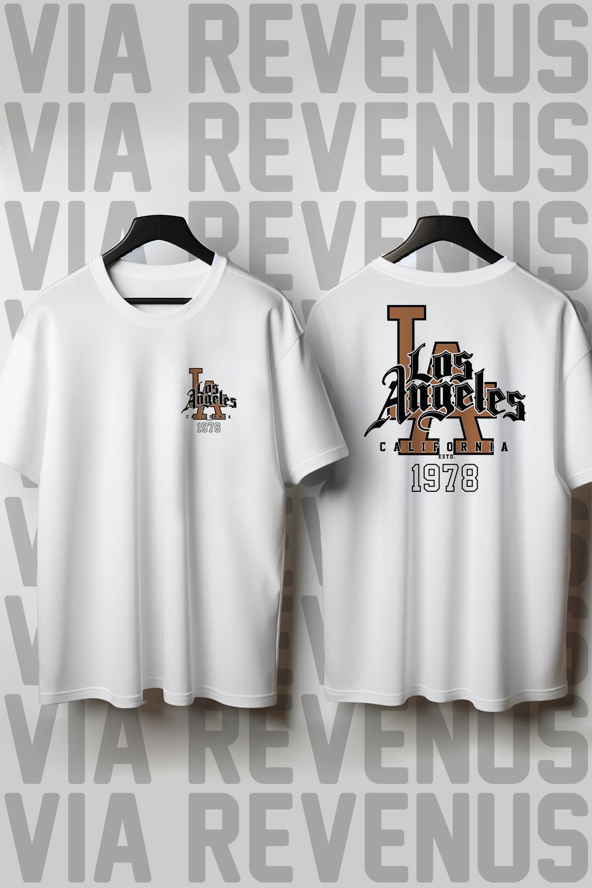 Vordevia Los Angeles Ön ve Arka Baskılı Geniş Kalıp Unisex Bisiklet Yaka Tshirt