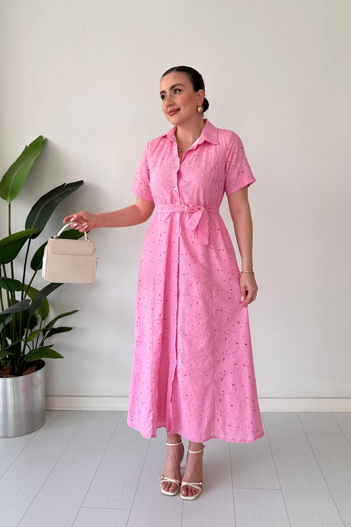 MaziButik Kuşaklı Fisto Gömlek Elbise Pembe