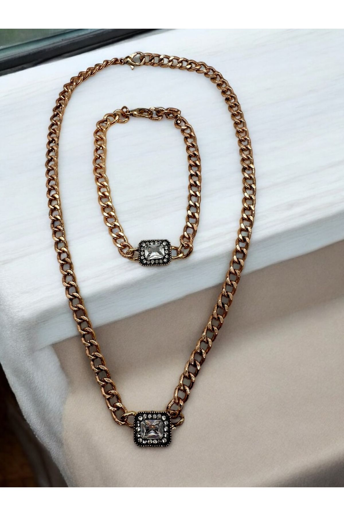 FUYA JEWELLERY Baget Taşlı Zincir Kolye, Bileklik Set