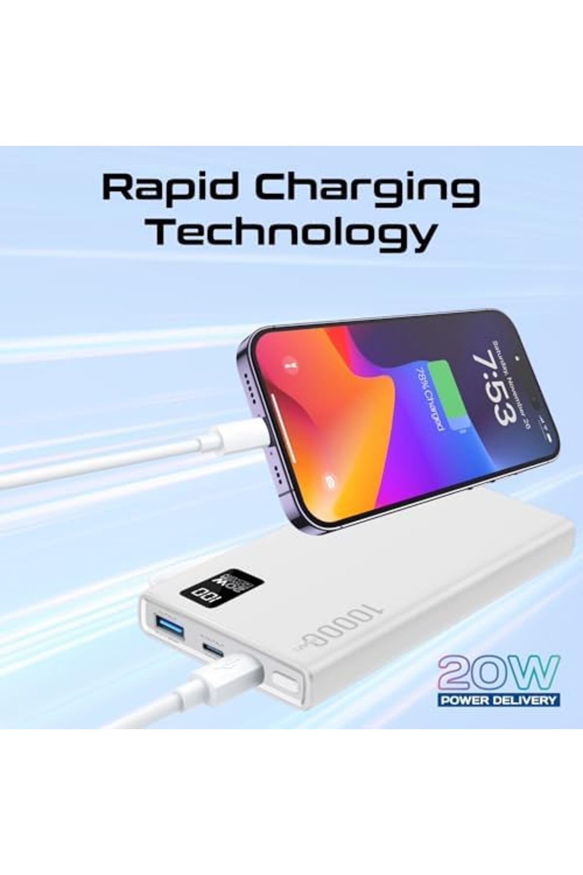 Promate-Power Bank 10000mAh Ultra-Slim with 20W USB-C Input/Output Port, QC 3.0 Output, USB-C Ports, 8