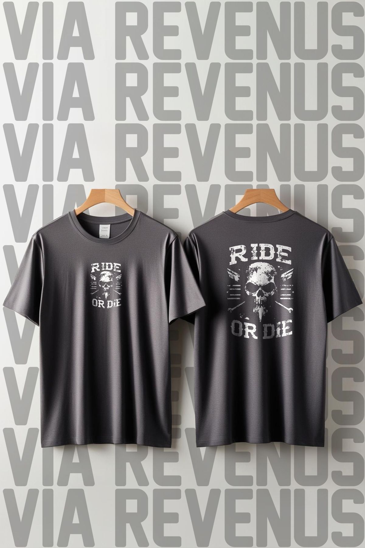 Vordevia Ride or Die / Motorcu Ön ve Arka Baskılı Geniş Kalıp Unisex Bisiklet Yaka Tshirt