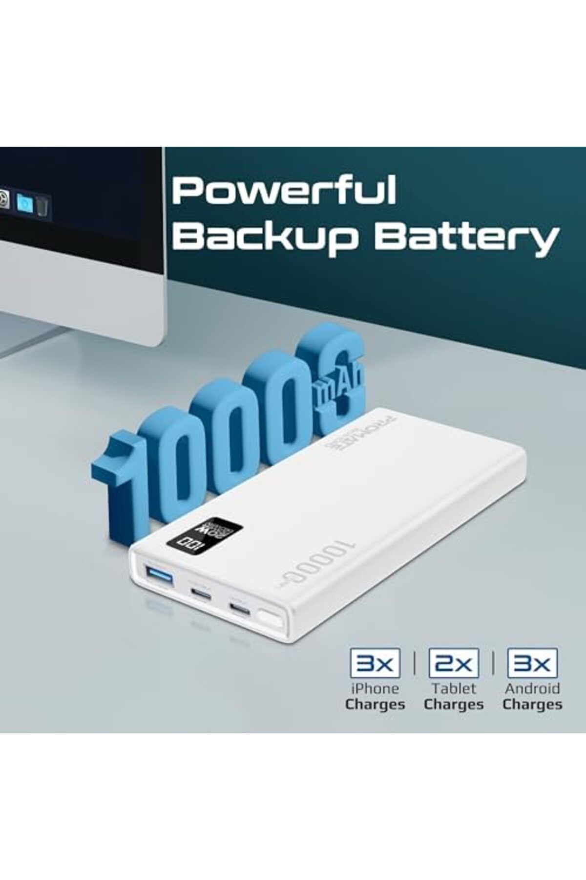 Promate-Power Bank 10000mAh Ultra-Slim with 20W USB-C Input/Output Port, QC 3.0 Output, USB-C Ports, 4