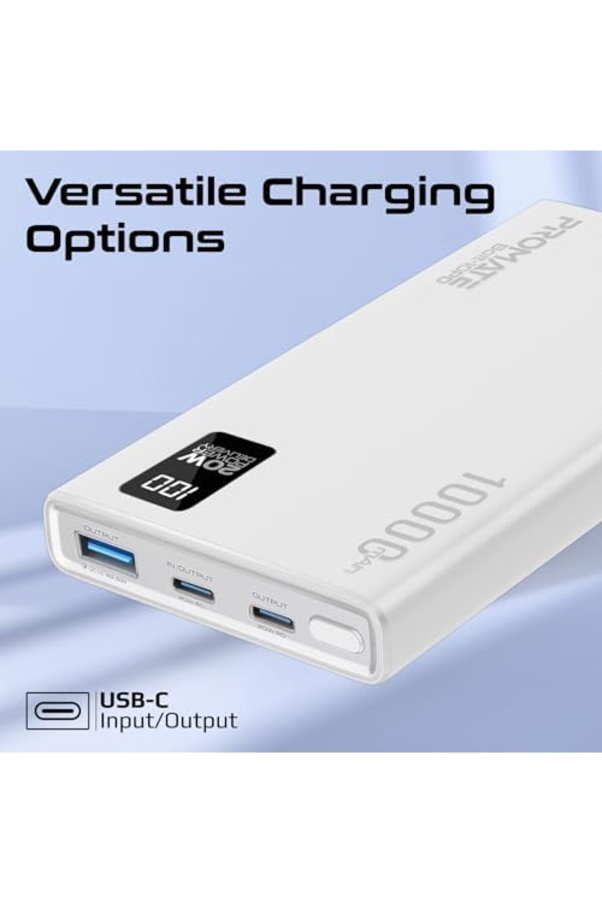 Promate-Power Bank 10000mAh Ultra-Slim with 20W USB-C Input/Output Port, QC 3.0 Output, USB-C Ports, 6