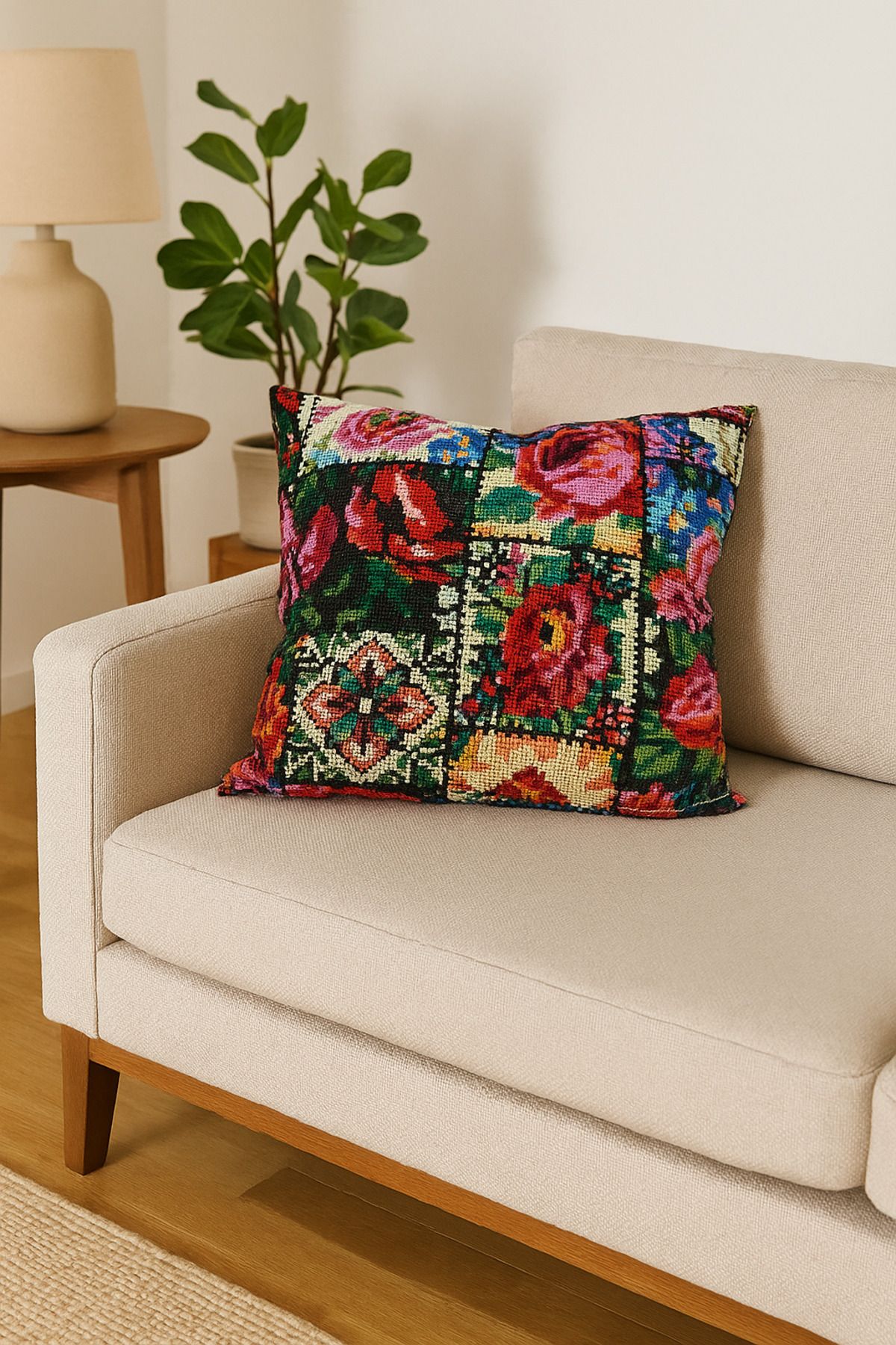 Saatistan Renkli Kanaviçe Patchwork Dekoratif Kırlent Kılıfı, Şık ve Rahat Ev Aksesuarı