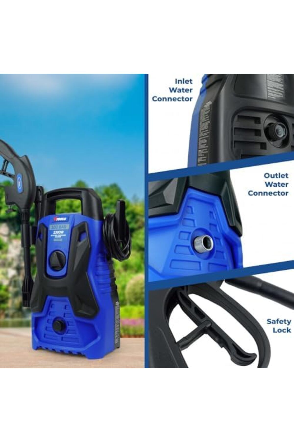 Generic-100 Bar Electric Pressure Washer With 5 Meter Hose & Soap Dispenser, 1300 Watt, Auto Stop and 7