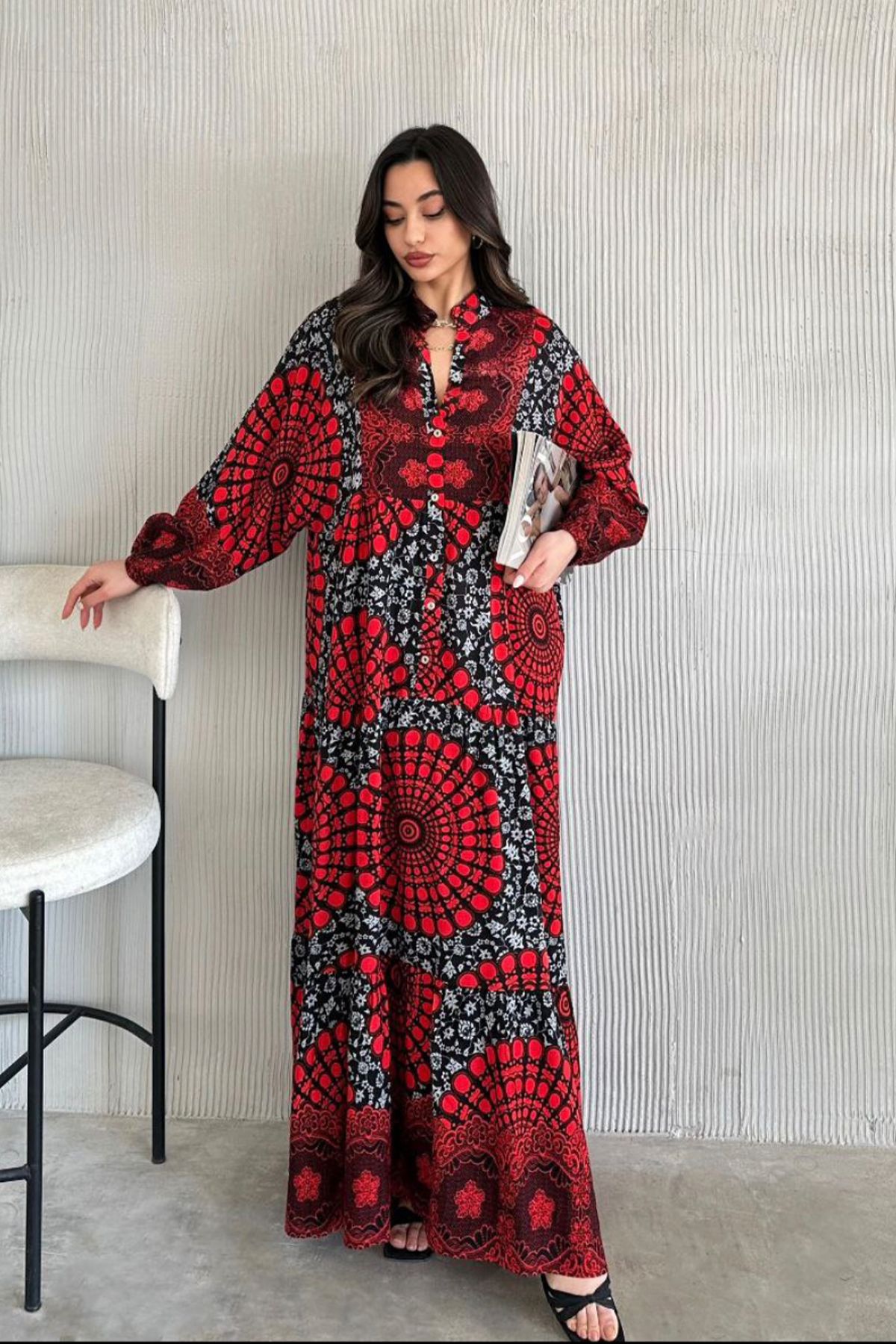 AYASOFYA OTANTIK-Women's Red Button Detailed Patched Collar Ethnic Patterned Balloon Sleeve Loose Long Dress 2