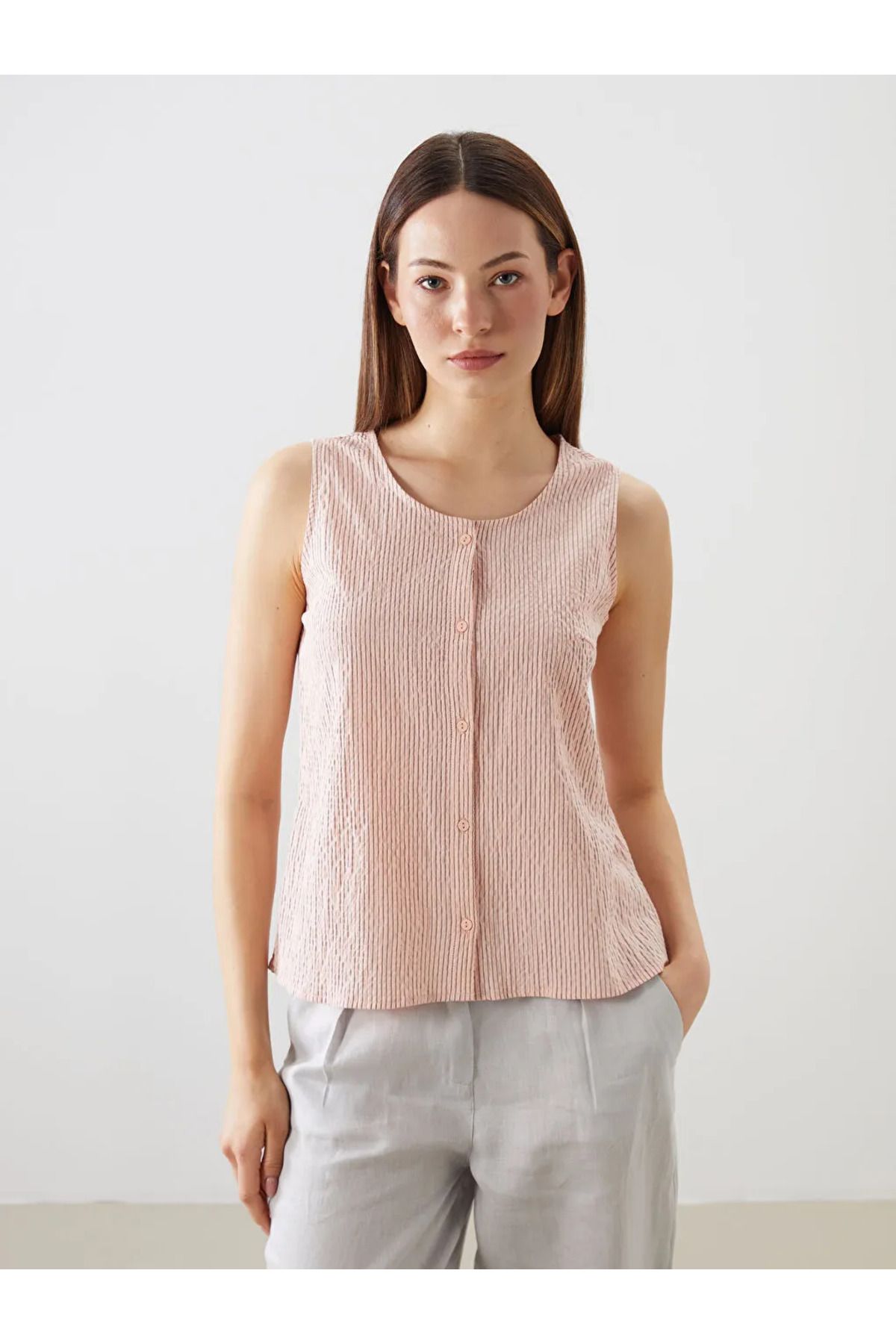 LC Waikiki LCWAIKIKI Classic Pembe Bisiklet Yaka Çizgili Poplin Bluz