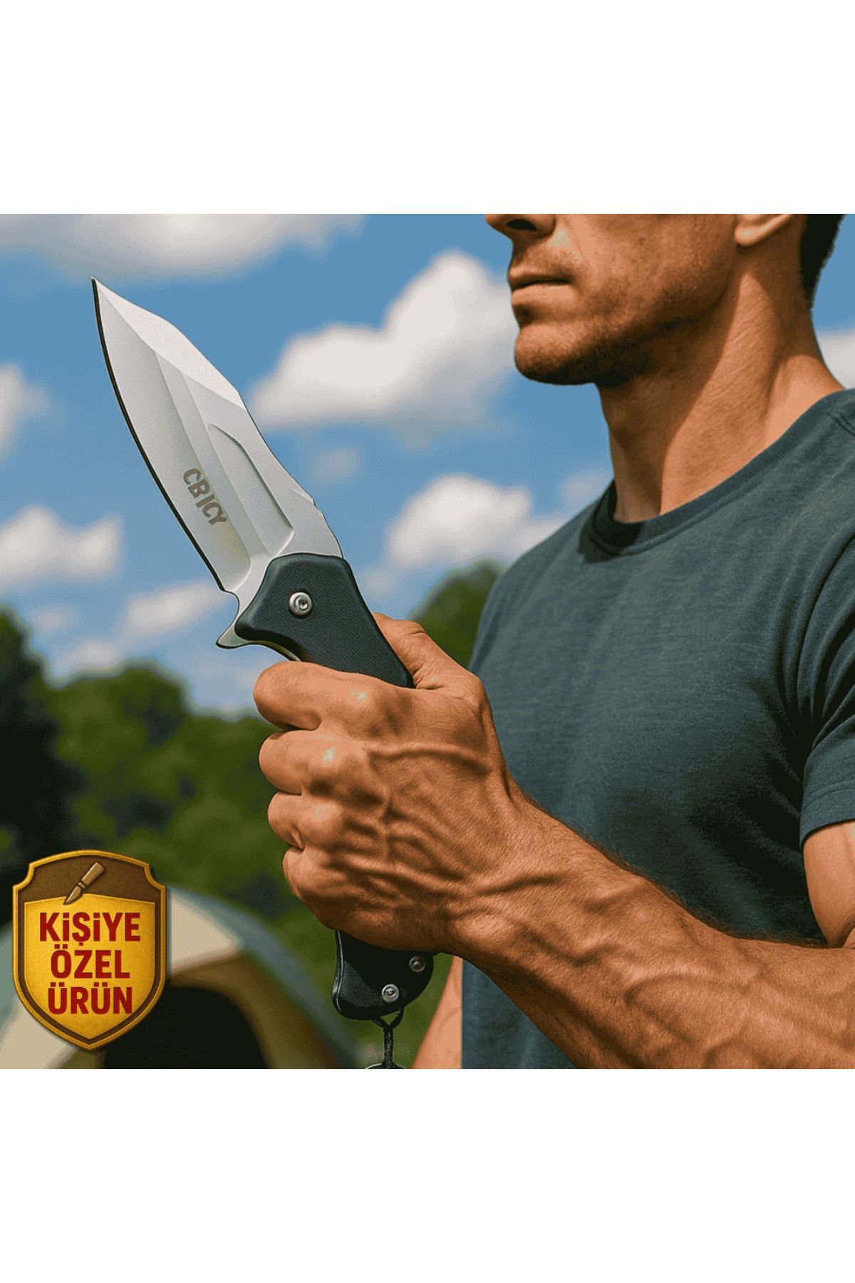 Tesbihane CRKT Siyah Fiber Glass Kabzalı İsme Özel Kılıflı 9Cr13MoV Kalite Paslanmaz Çelik Avcı Kamp Bıçağı