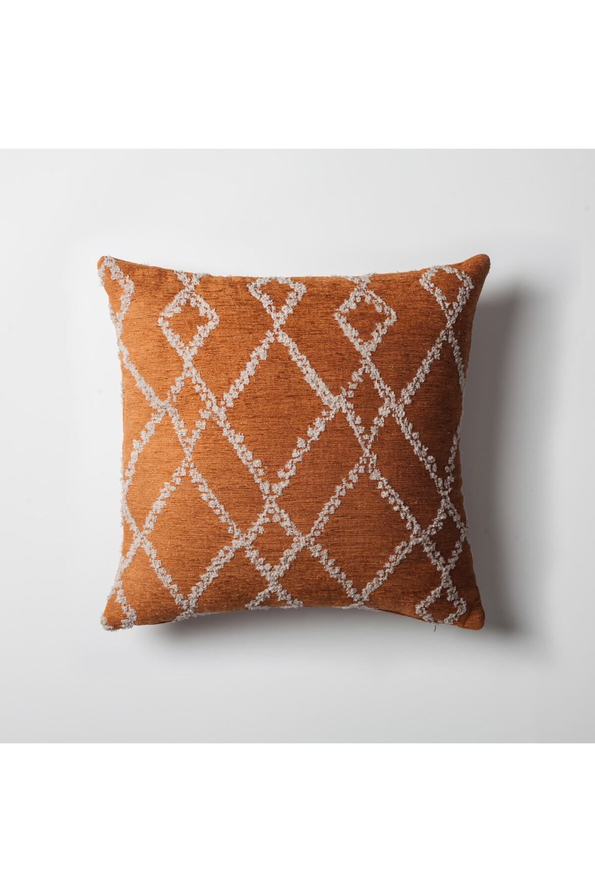 Saatistan Turuncu Geometrik Baklava Desenli Kırlent 45x45 İç Yastık Dahil